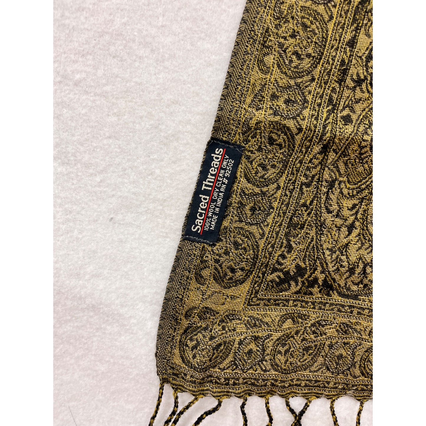 Sacred Threads Gold & Black Paisley Wool Scarf With Fringe #8074