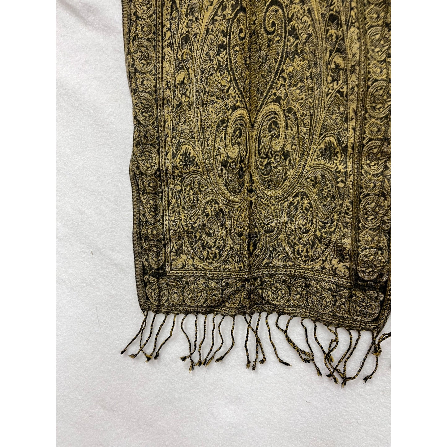 Sacred Threads Gold & Black Paisley Wool Scarf With Fringe #8074
