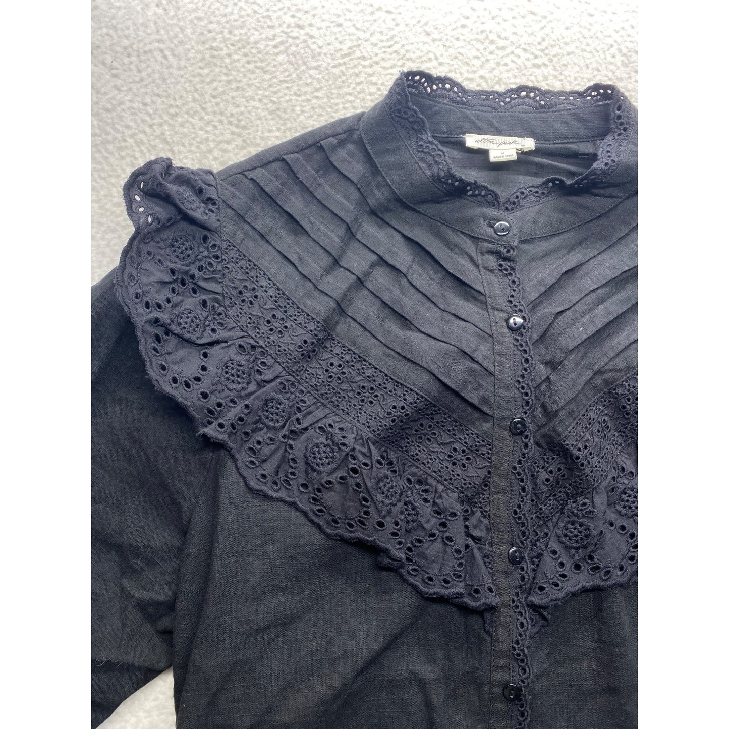 Black Ultra Pink Blouse With Ruffled Lace Trim & Button-Up Front #7073