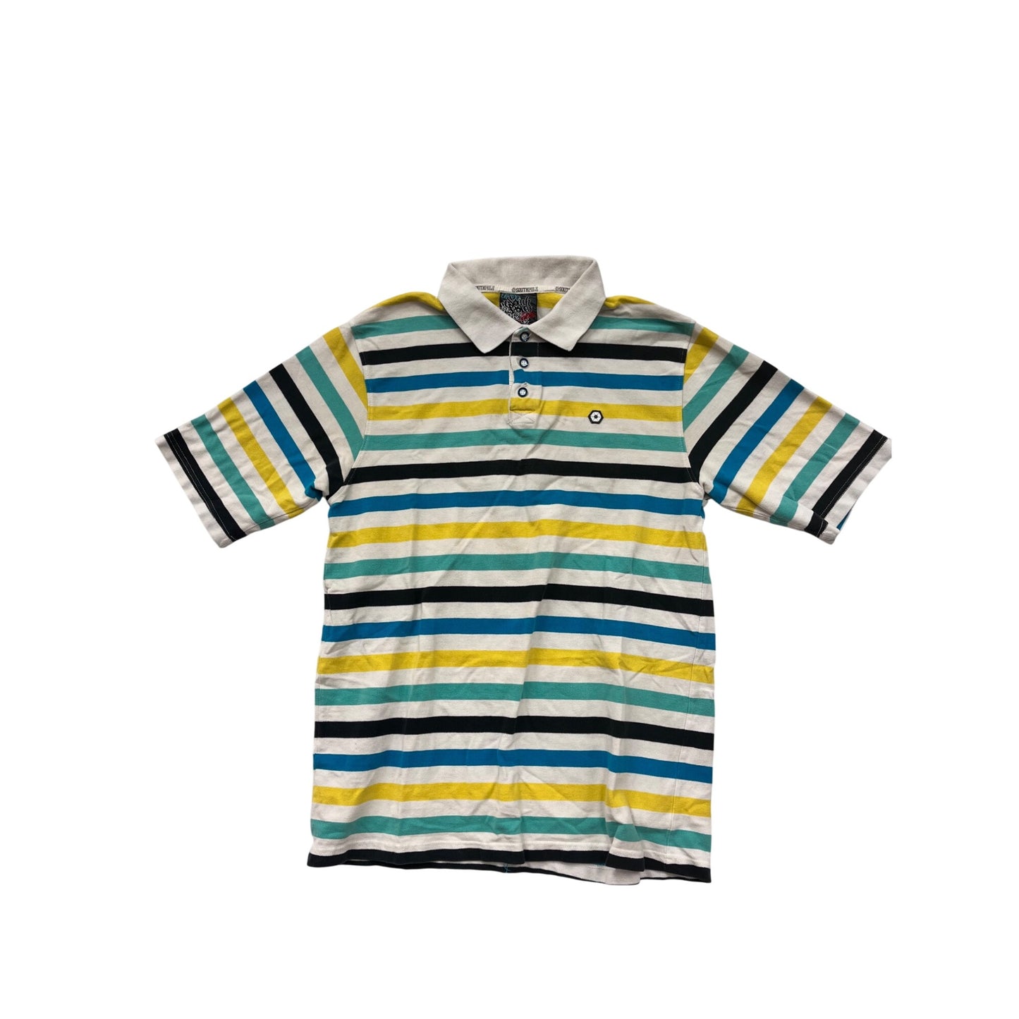 Southpole Mens Large Striped Polo Shirt Yellow Blue Green White Short Sleeve 100% Cotton #6848