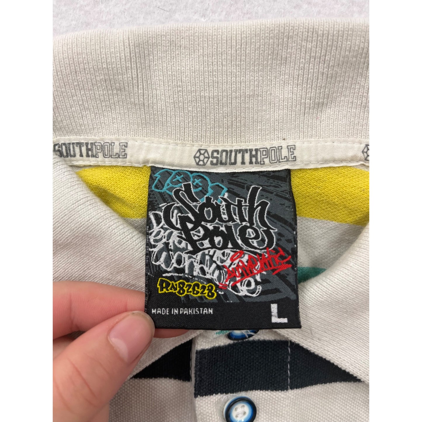 Southpole Mens Large Striped Polo Shirt Yellow Blue Green White Short Sleeve 100% Cotton #6848