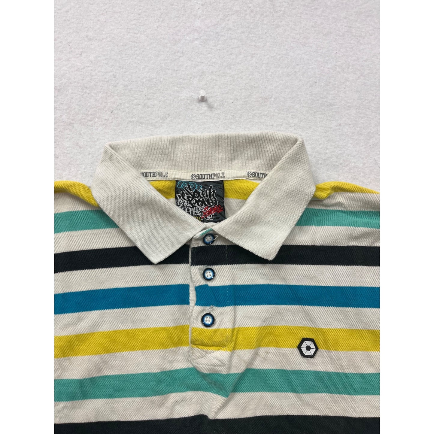 Southpole Mens Large Striped Polo Shirt Yellow Blue Green White Short Sleeve 100% Cotton #6848