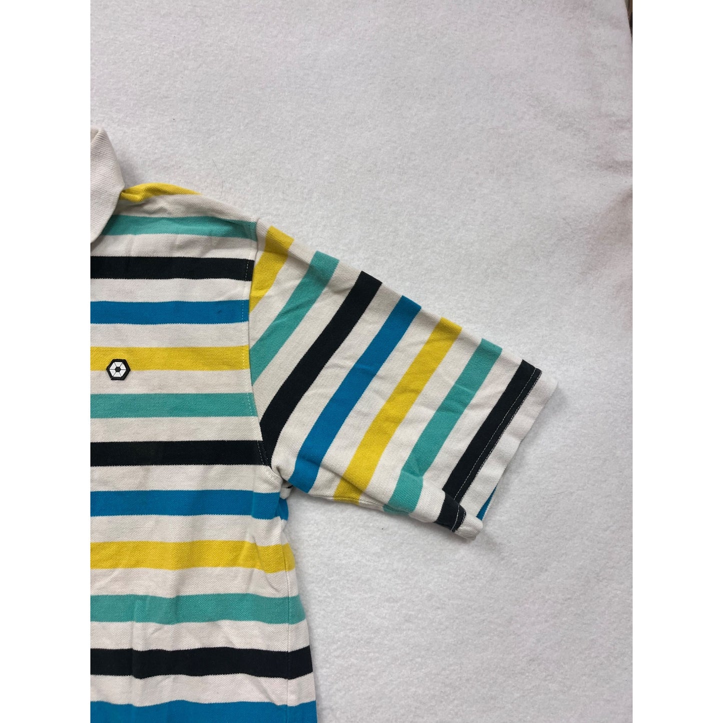 Southpole Mens Large Striped Polo Shirt Yellow Blue Green White Short Sleeve 100% Cotton #6848