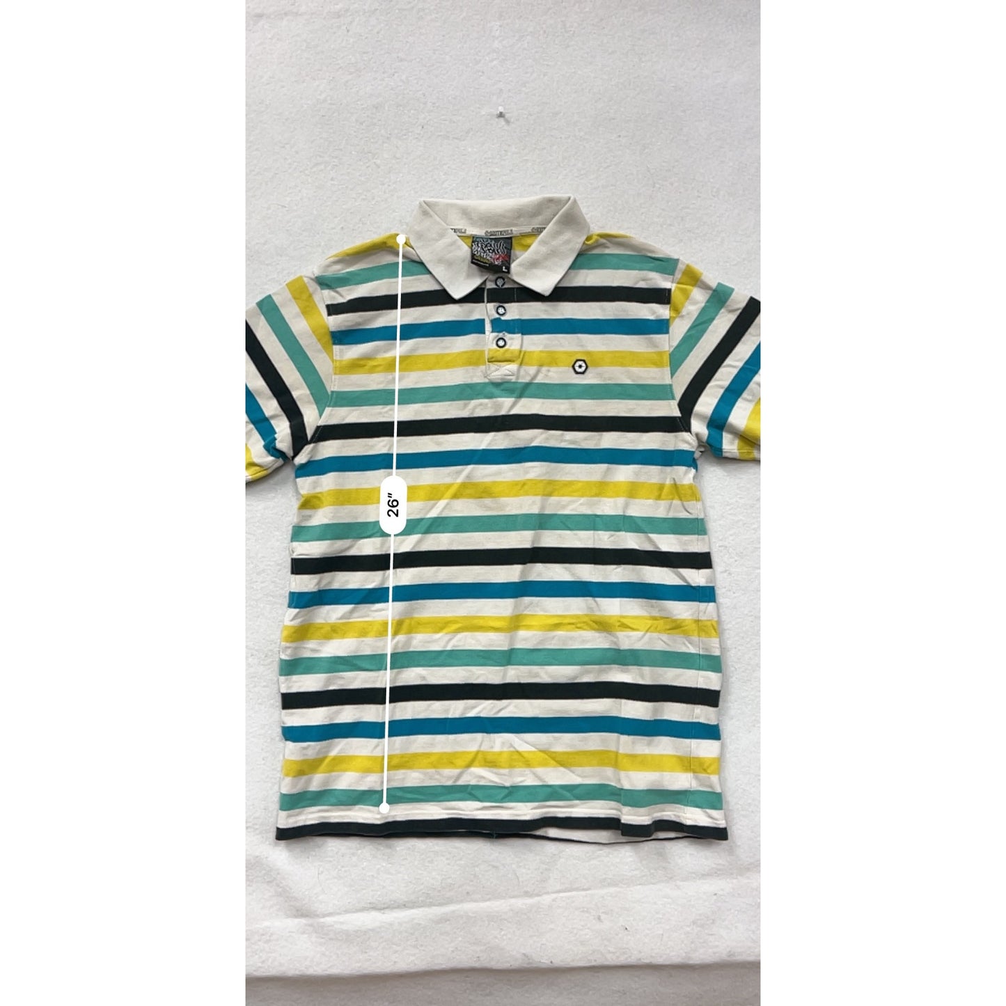 Southpole Mens Large Striped Polo Shirt Yellow Blue Green White Short Sleeve 100% Cotton #6848