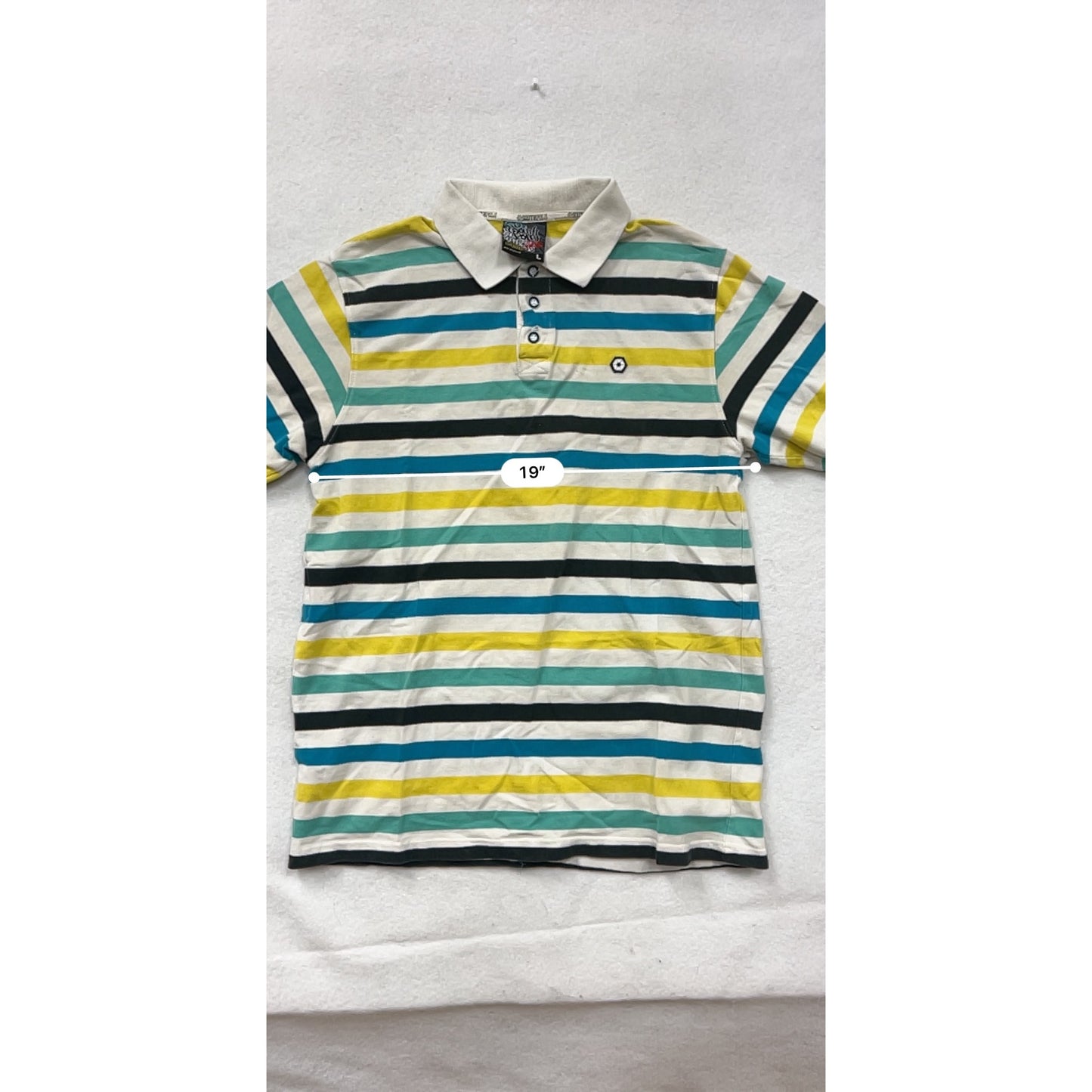 Southpole Mens Large Striped Polo Shirt Yellow Blue Green White Short Sleeve 100% Cotton #6848