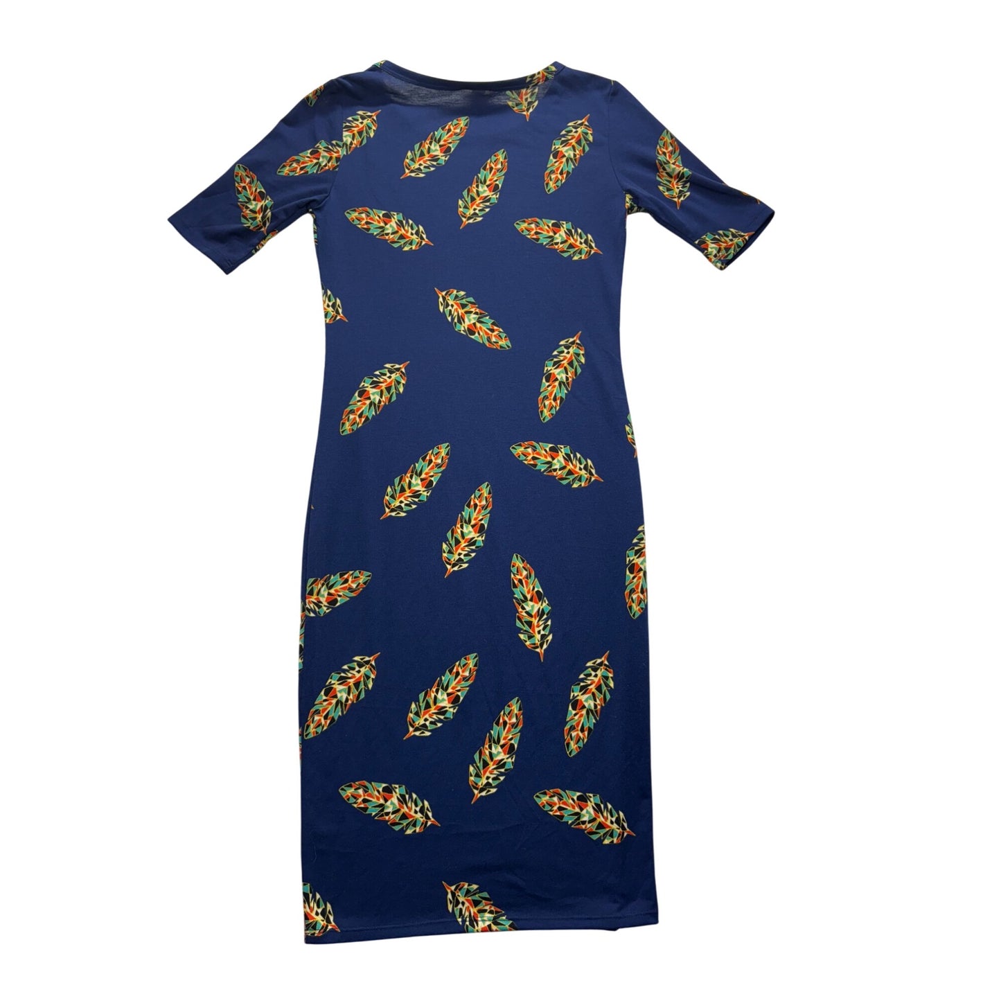 Lularoe Womens XXS Blue Midi Dress With Multicolor Feather Print #7702