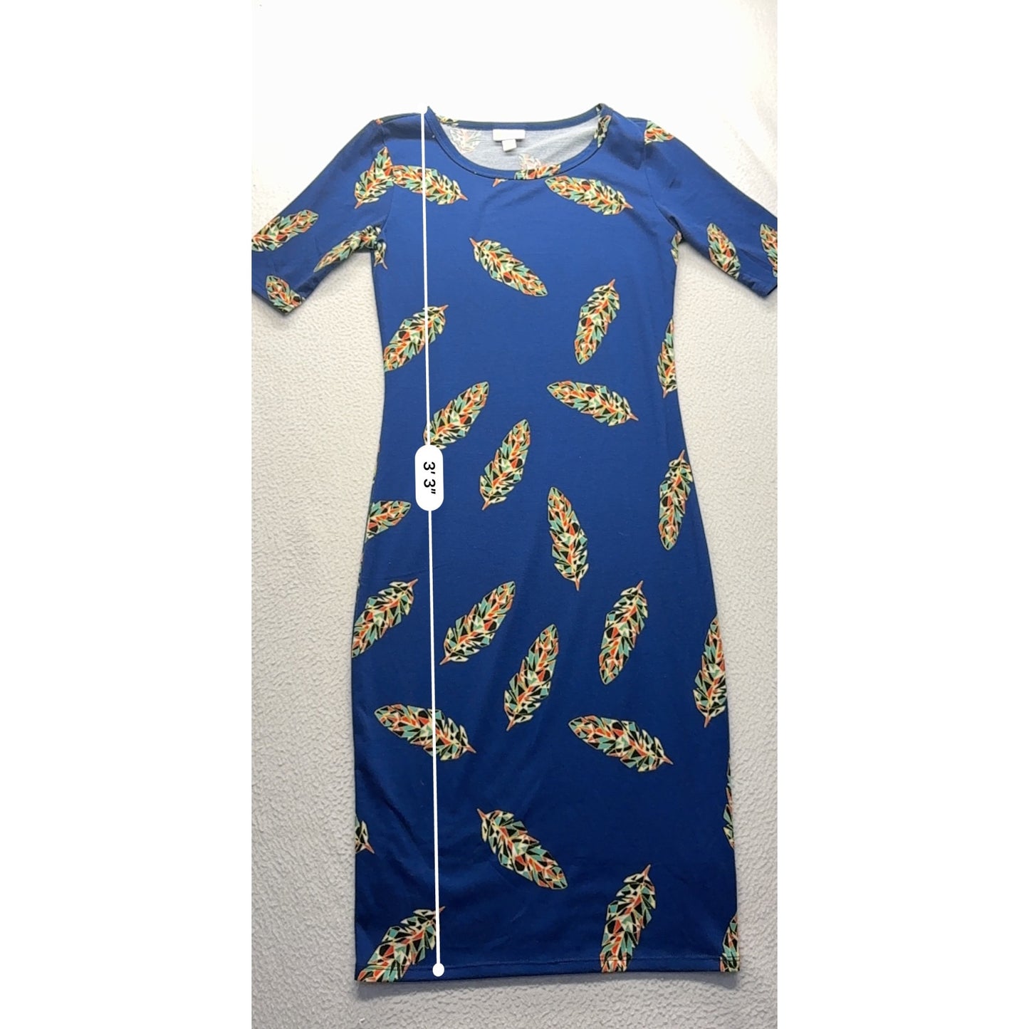 Lularoe Womens XXS Blue Midi Dress With Multicolor Feather Print #7702