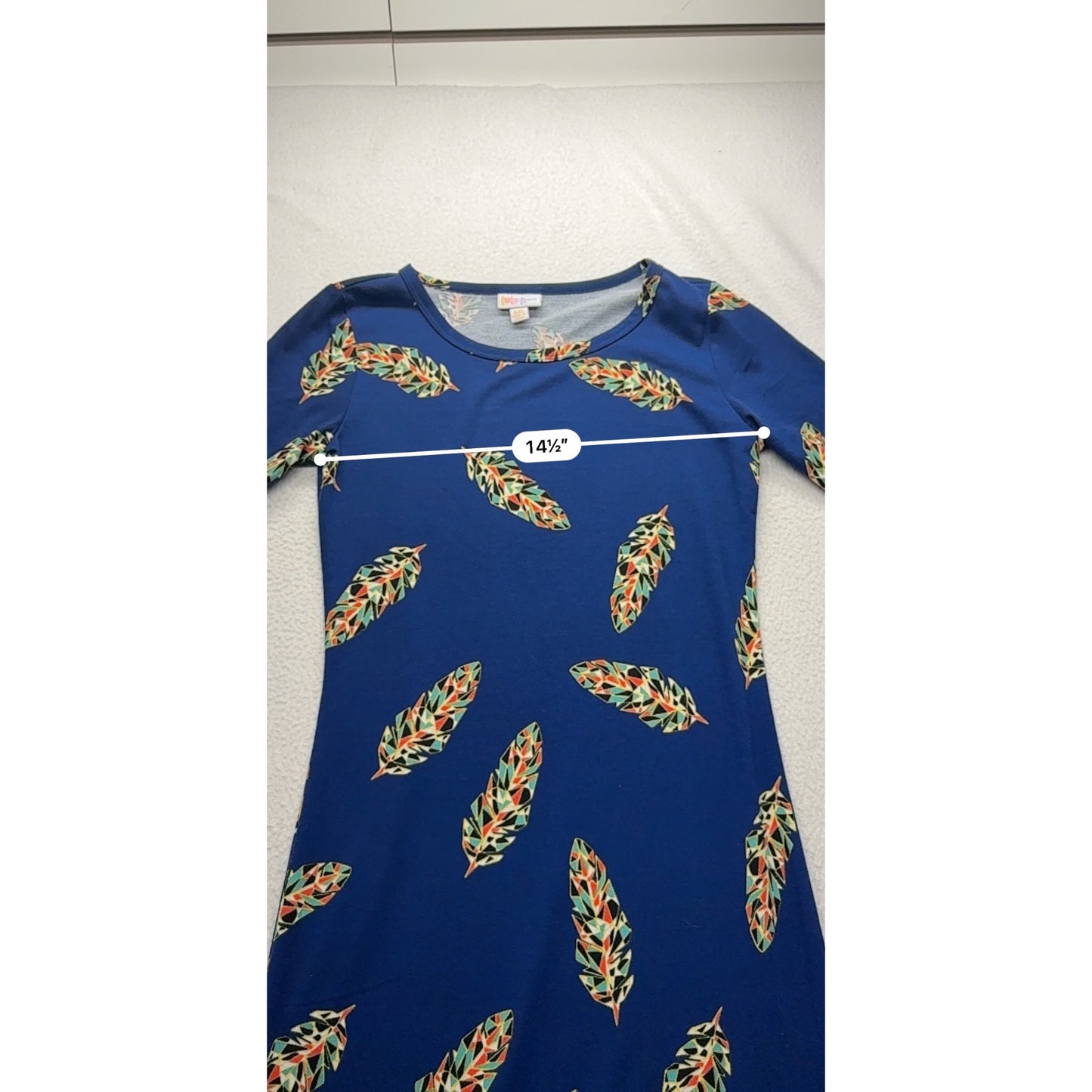 Lularoe Womens XXS Blue Midi Dress With Multicolor Feather Print #7702
