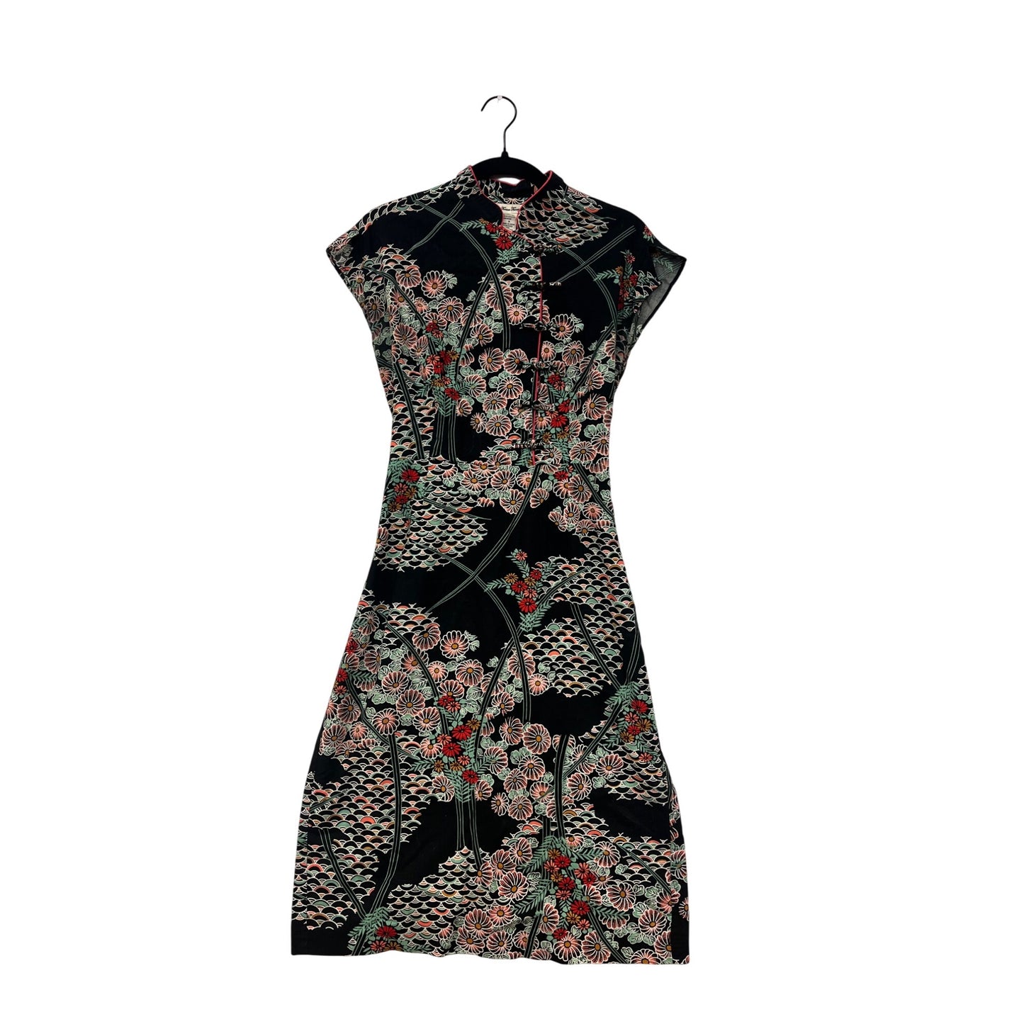 Vintage 1990s Forever 21 Floral Pattern Black Midi Dress With Cap Sleeves & Button Detail #6951