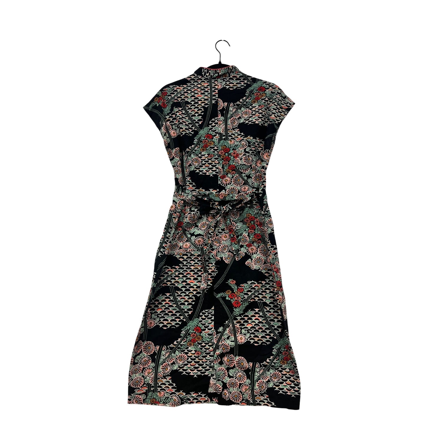 Vintage 1990s Forever 21 Floral Pattern Black Midi Dress With Cap Sleeves & Button Detail #6951