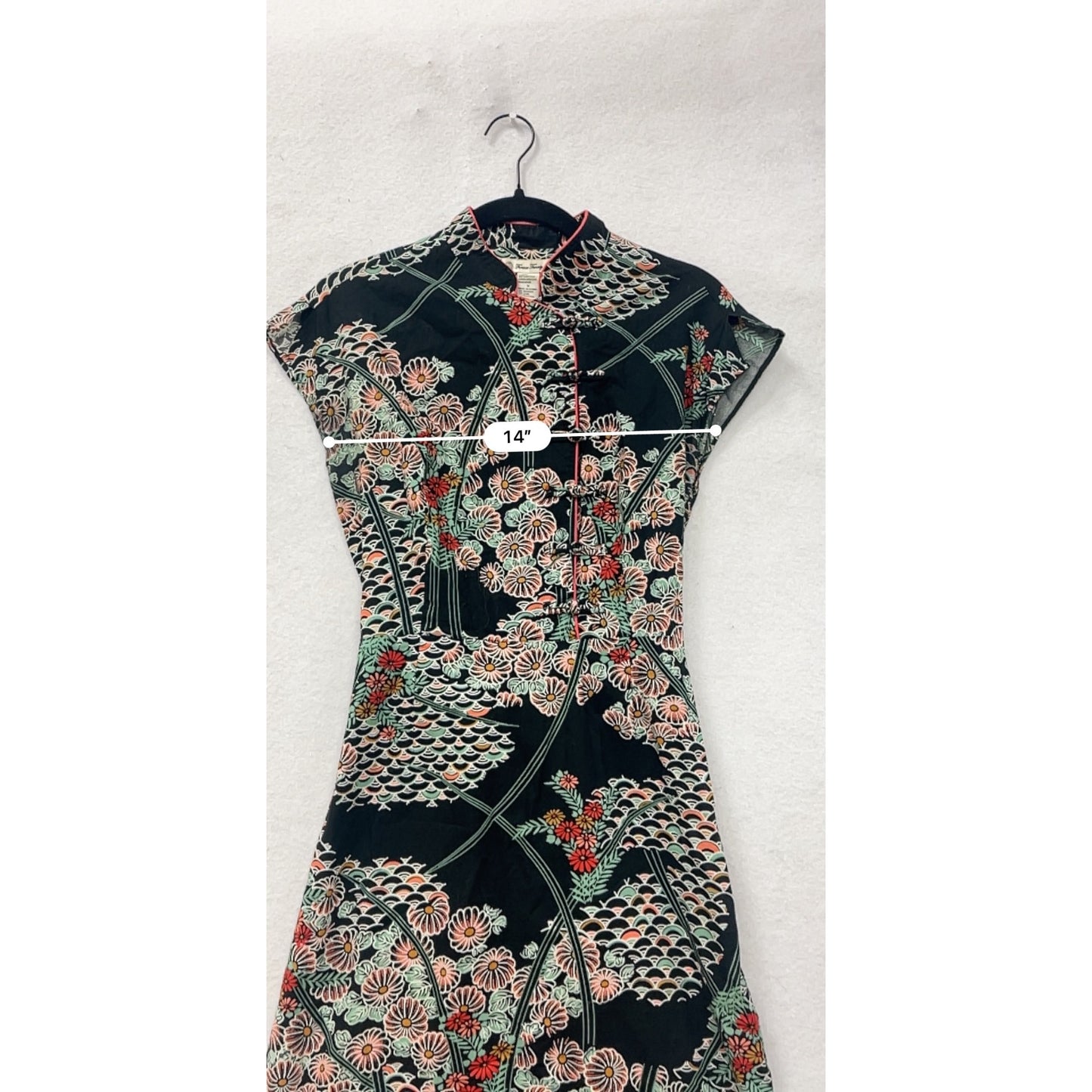 Vintage 1990s Forever 21 Floral Pattern Black Midi Dress With Cap Sleeves & Button Detail #6951