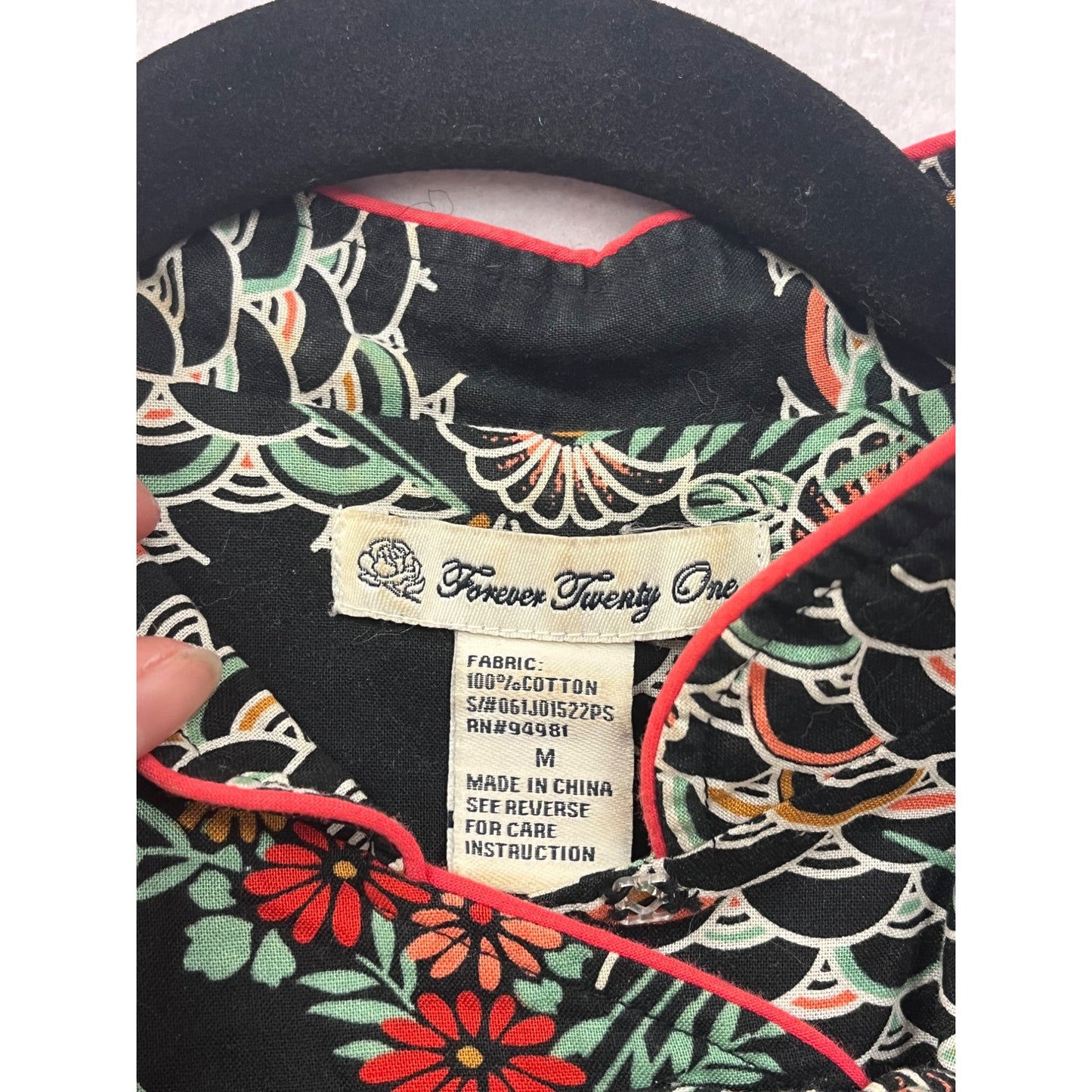 Vintage 1990s Forever 21 Floral Pattern Black Midi Dress With Cap Sleeves & Button Detail #6951