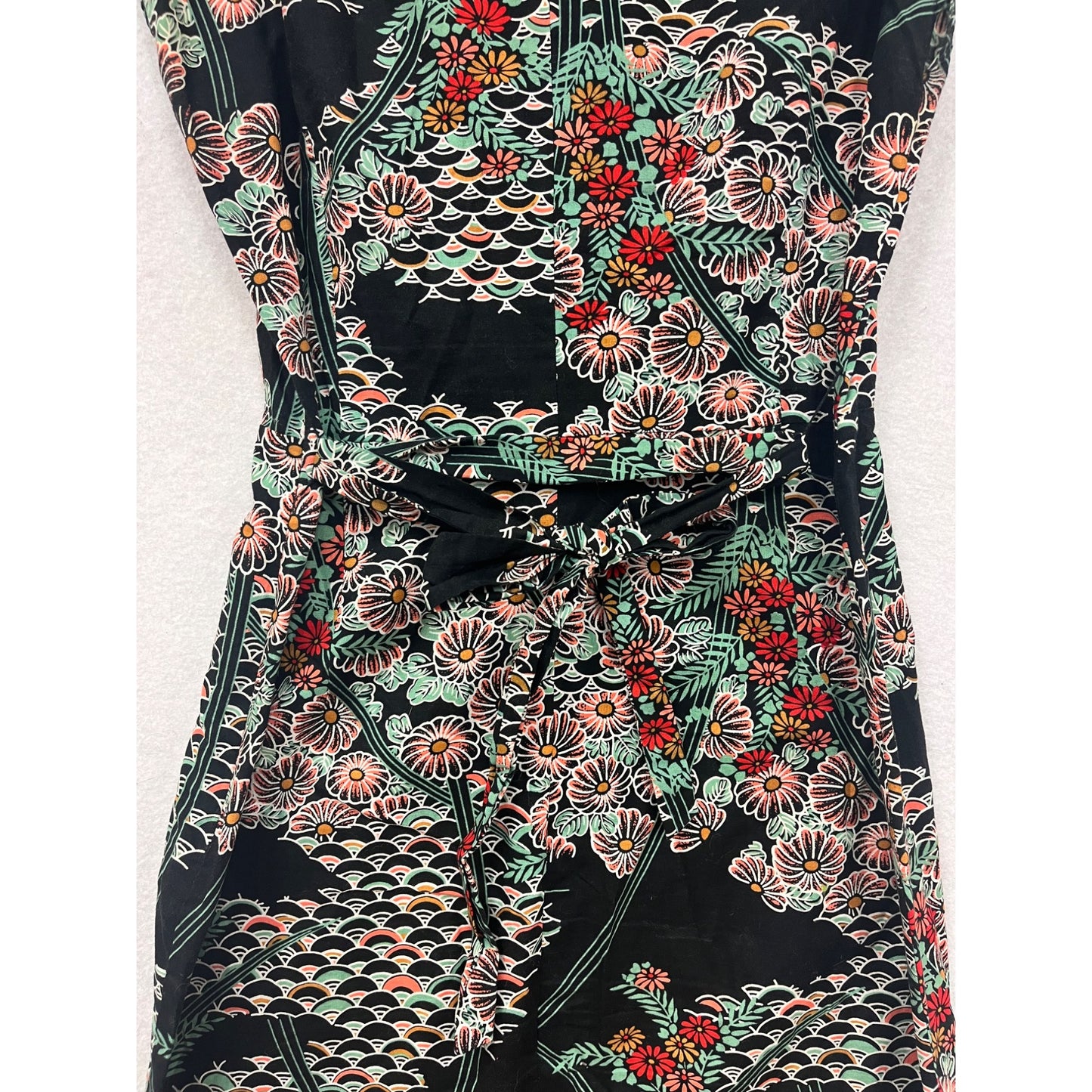 Vintage 1990s Forever 21 Floral Pattern Black Midi Dress With Cap Sleeves & Button Detail #6951