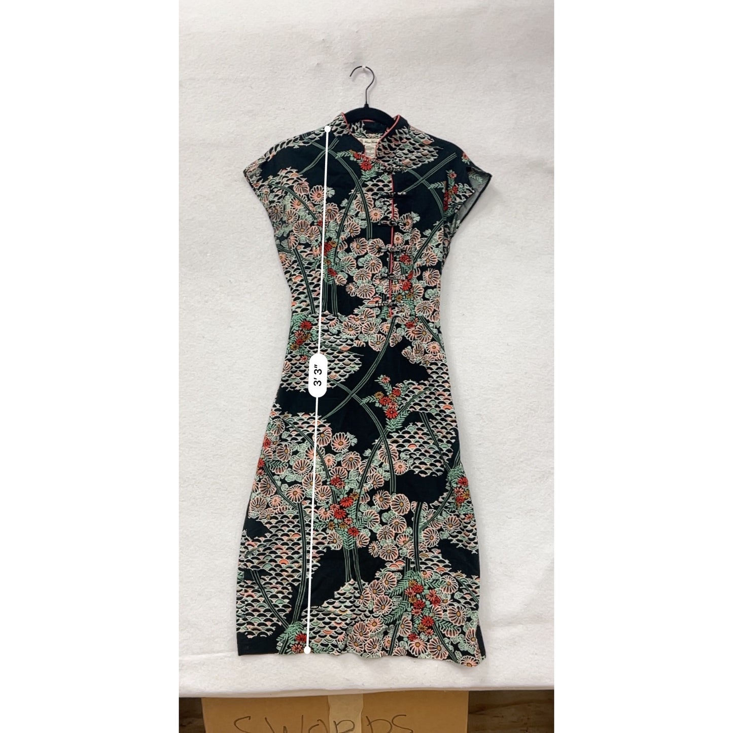 Vintage 1990s Forever 21 Floral Pattern Black Midi Dress With Cap Sleeves & Button Detail #6951