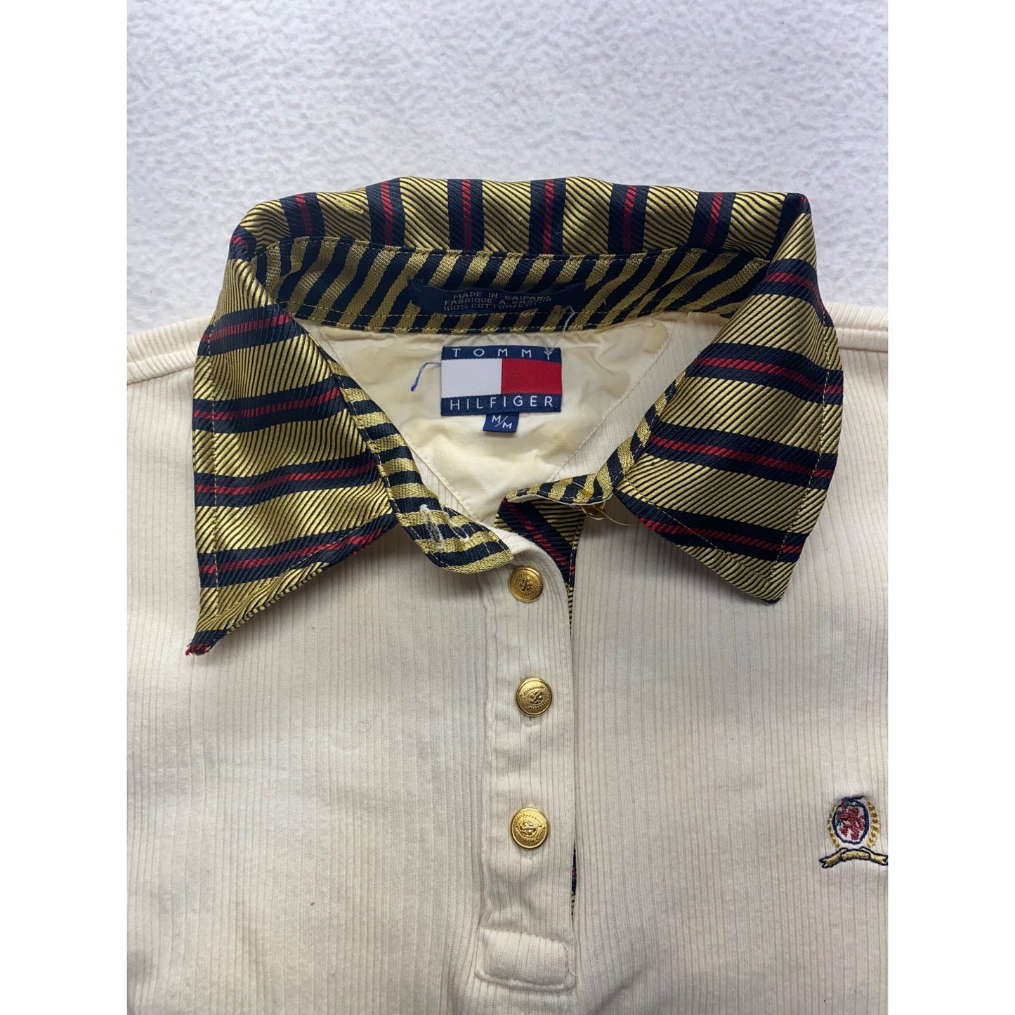Vintage Tommy Hilfiger Ribbed Long Sleeve Polo Shirt With Striped Collar #7148