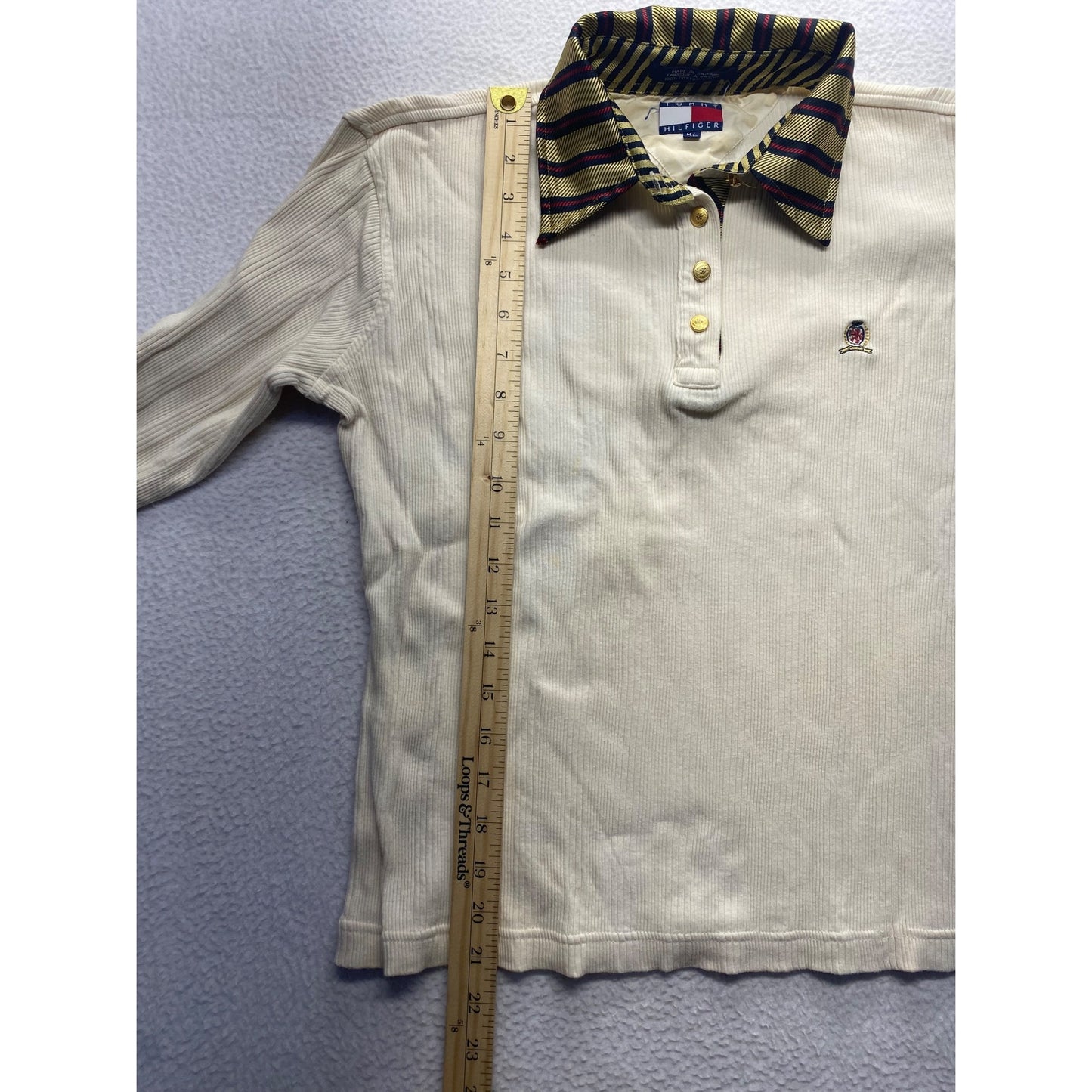 Vintage Tommy Hilfiger Ribbed Long Sleeve Polo Shirt With Striped Collar #7148