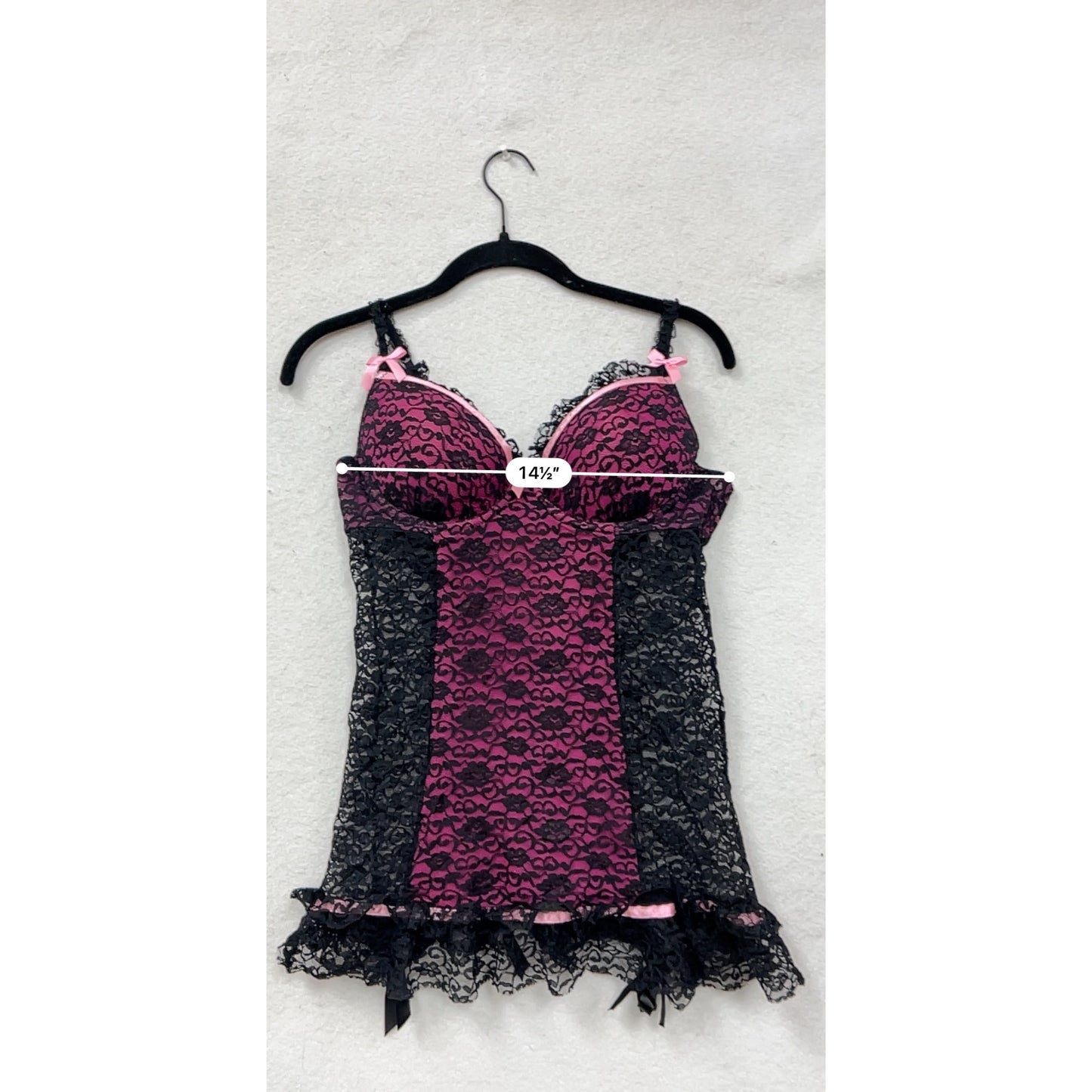 Victorias Secret Black & Pink Lace Babydoll Lingerie With Satin Bows 36C #8107
