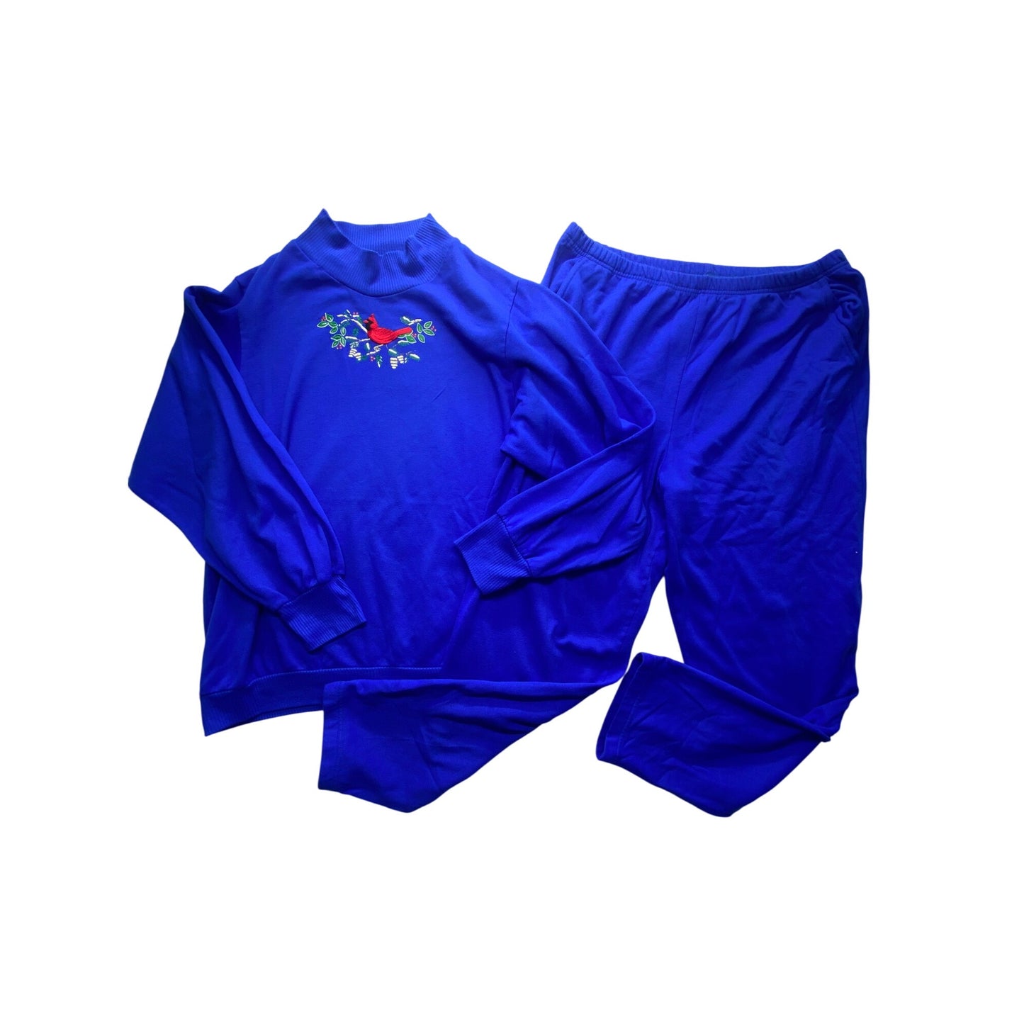 Vintage Orvis Womens Blue Acrylic Two-Piece Set With Embroidered Cardinal Design #7090