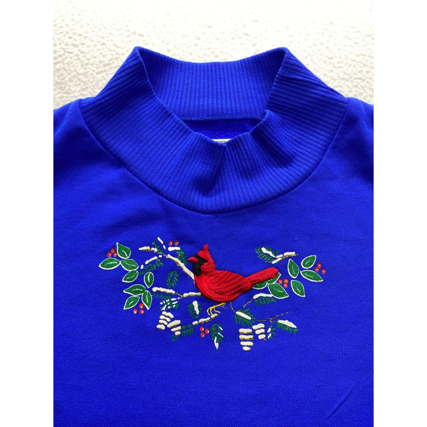 Vintage Orvis Womens Blue Acrylic Two-Piece Set With Embroidered Cardinal Design #7090