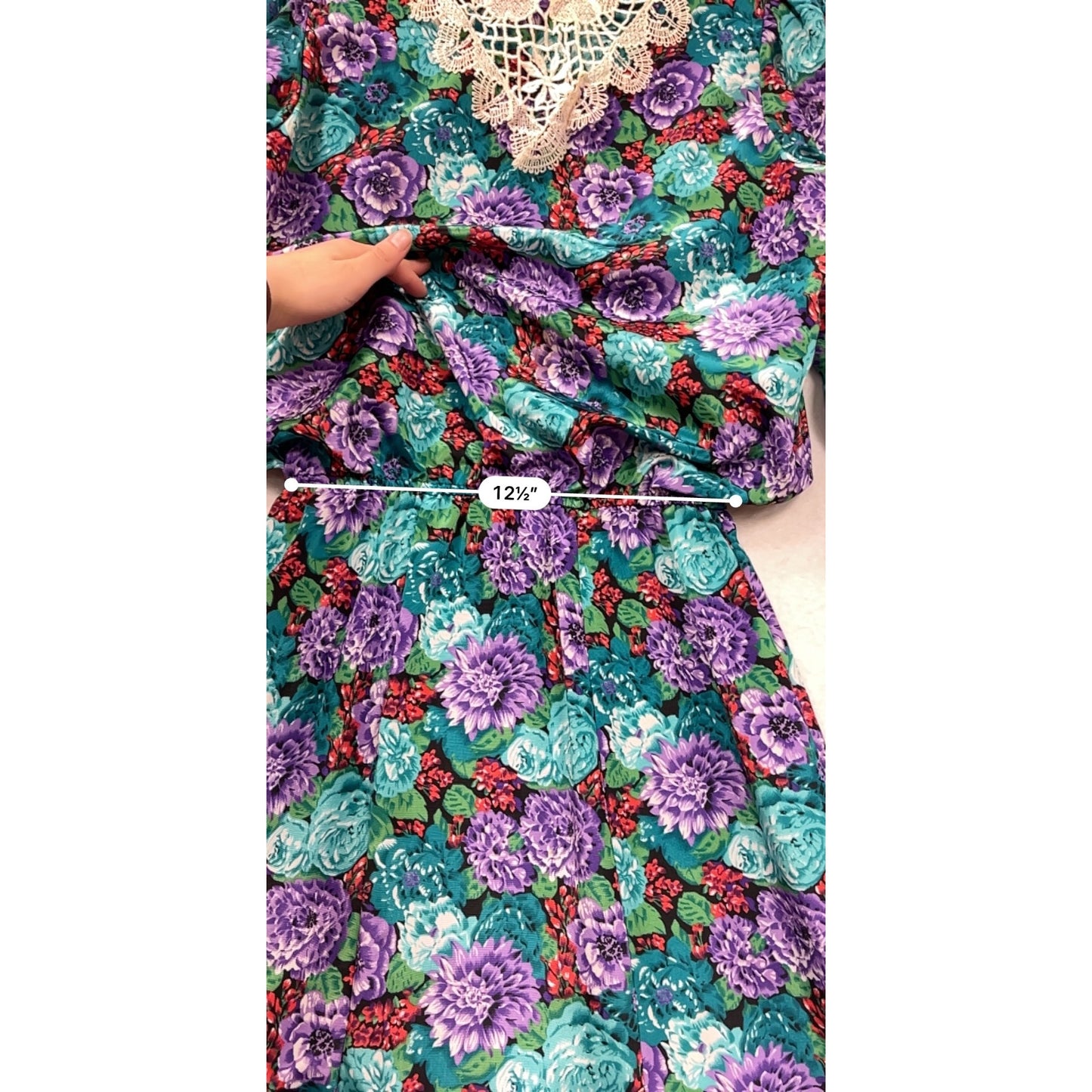 Vintage Medium 80s Starlo Floral Dress With Crochet Lace Collar & Long Sleeves #8017