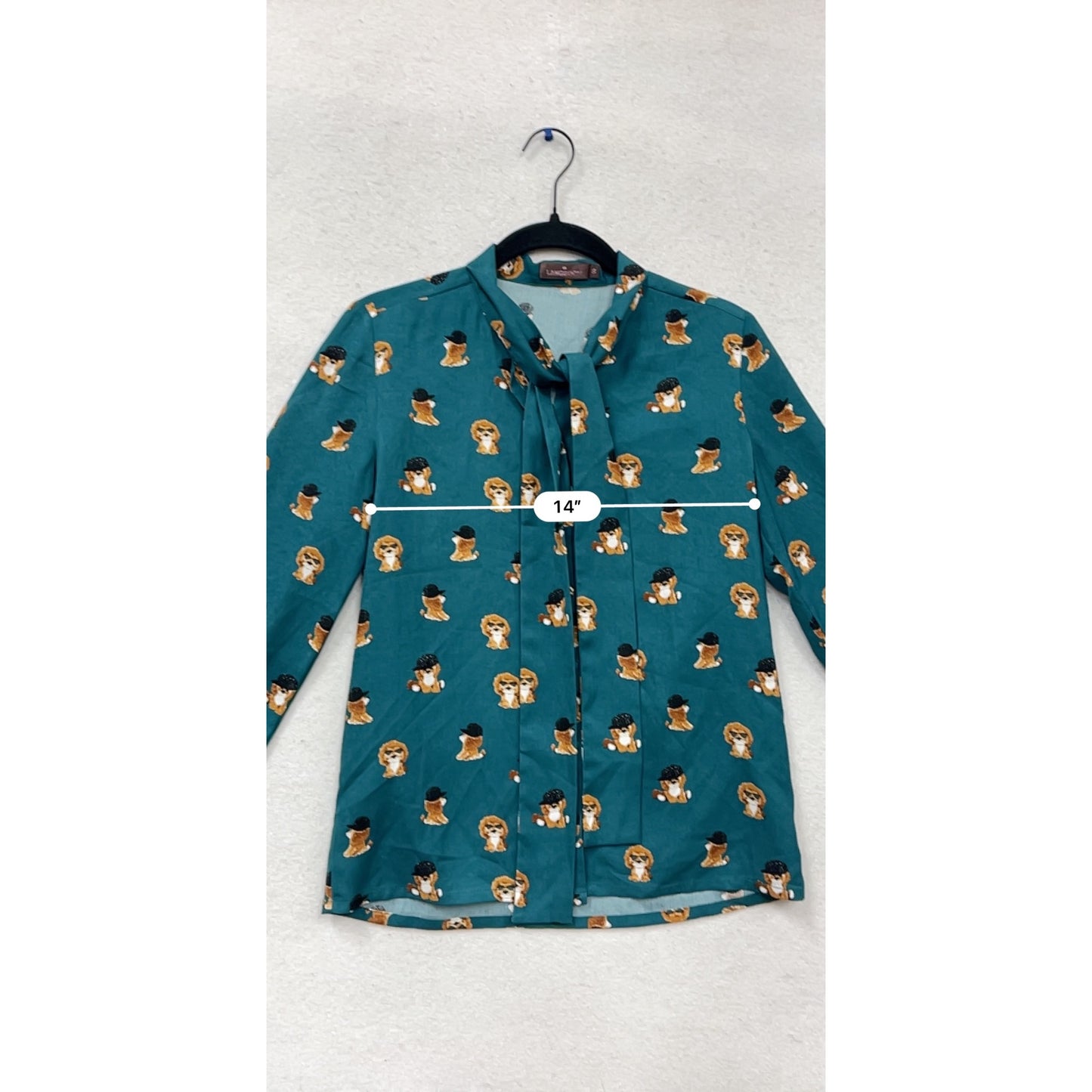Langsom Teal Poodle Print Bow Tie Blouse S #929A