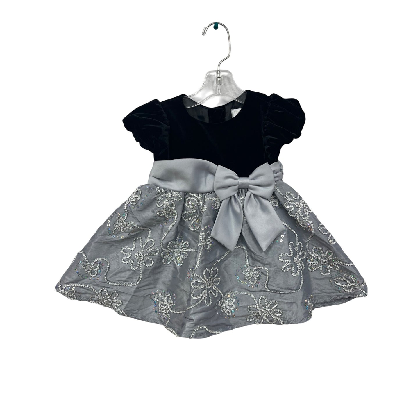 Rare Editions Baby Girl Black & Silver Dress With Velvet Bodice & Bow #6252