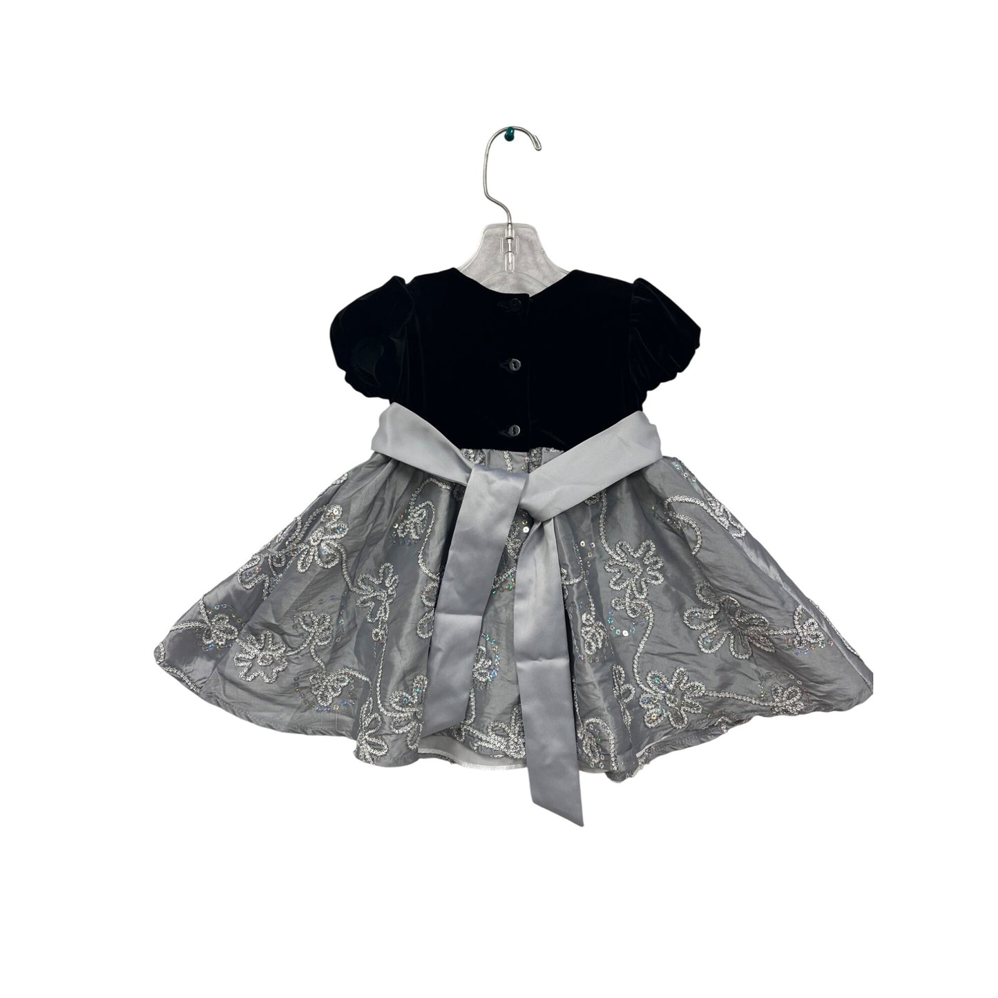 Rare Editions Baby Girl Black & Silver Dress With Velvet Bodice & Bow #6252