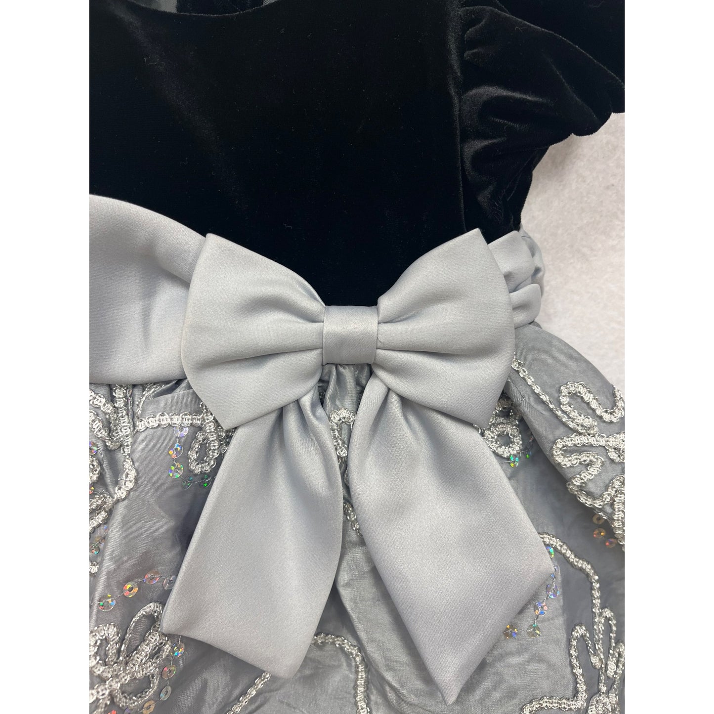 Rare Editions Baby Girl Black & Silver Dress With Velvet Bodice & Bow #6252
