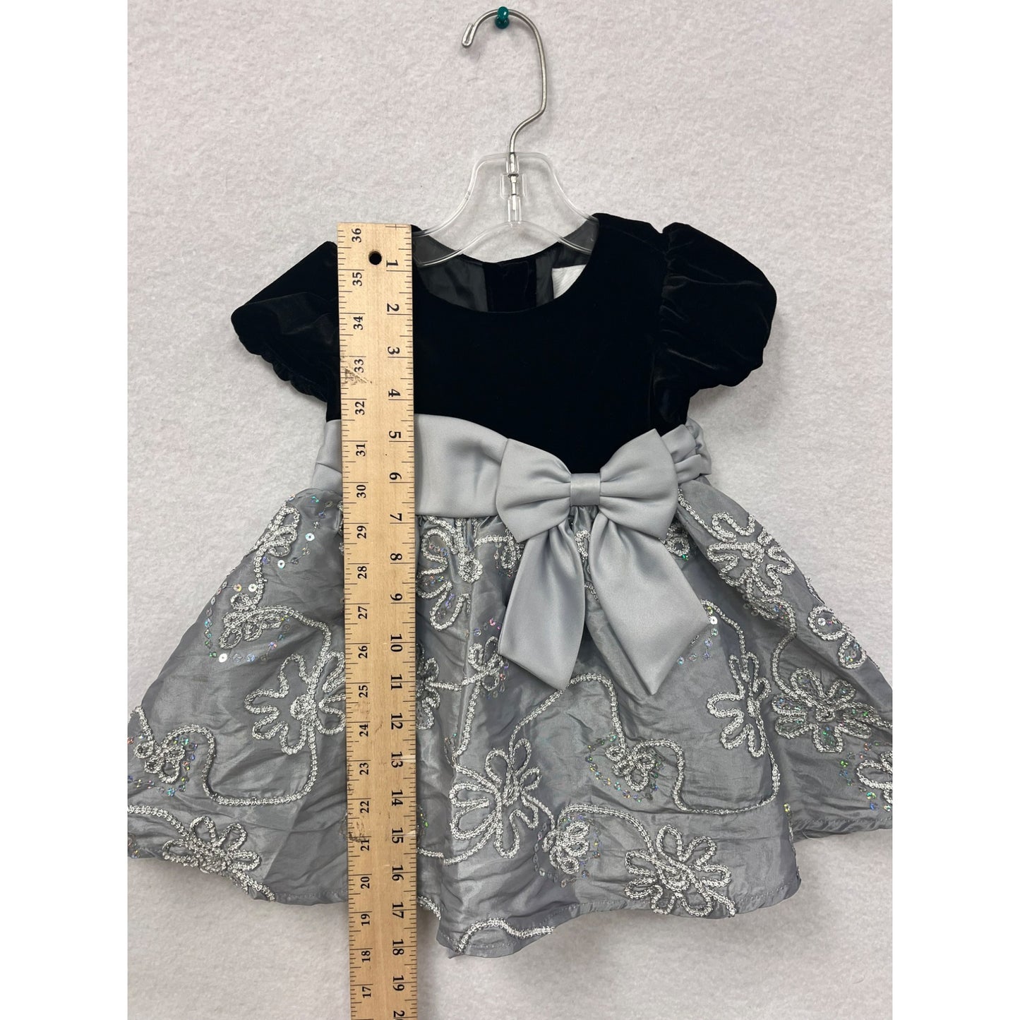 Rare Editions Baby Girl Black & Silver Dress With Velvet Bodice & Bow #6252