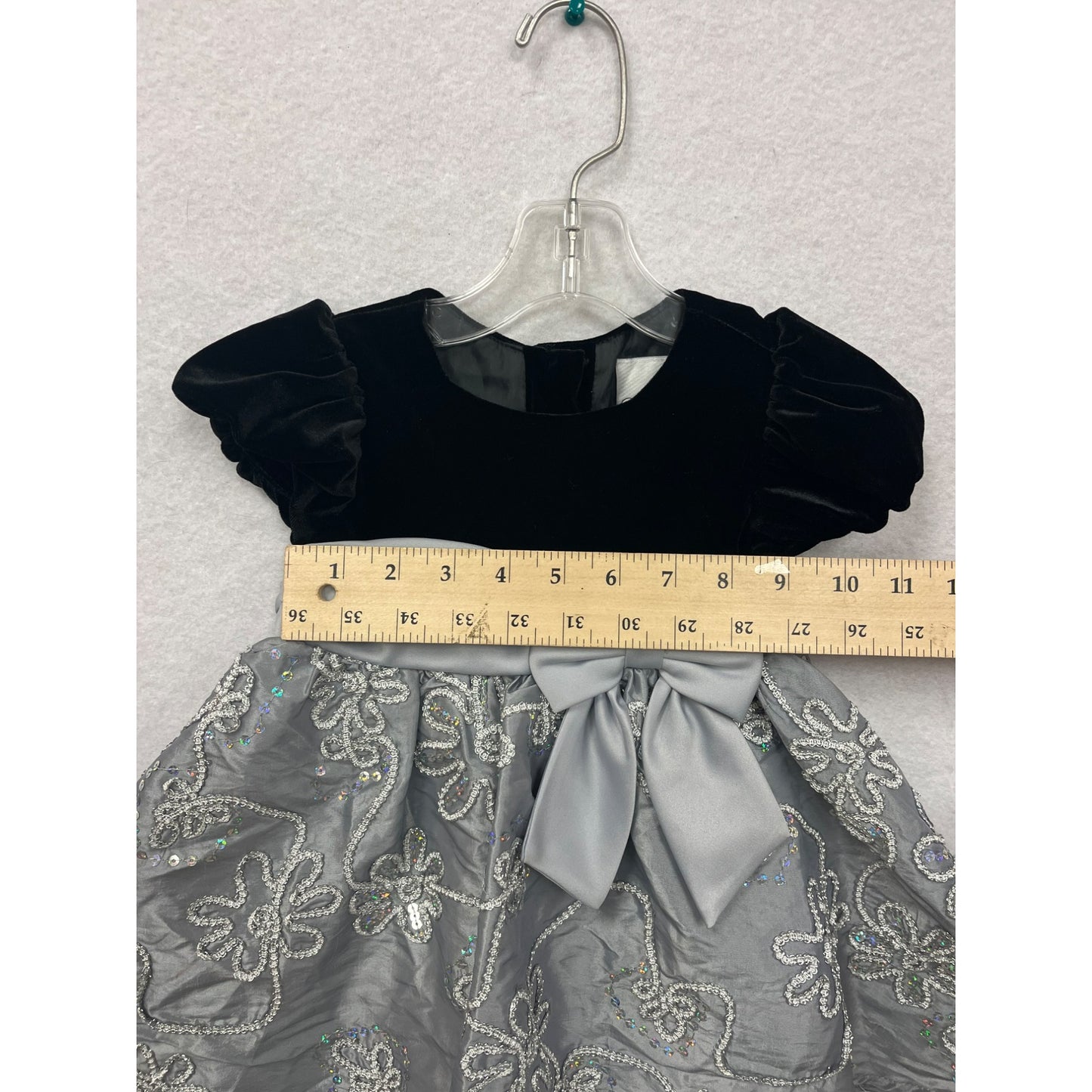 Rare Editions Baby Girl Black & Silver Dress With Velvet Bodice & Bow #6252