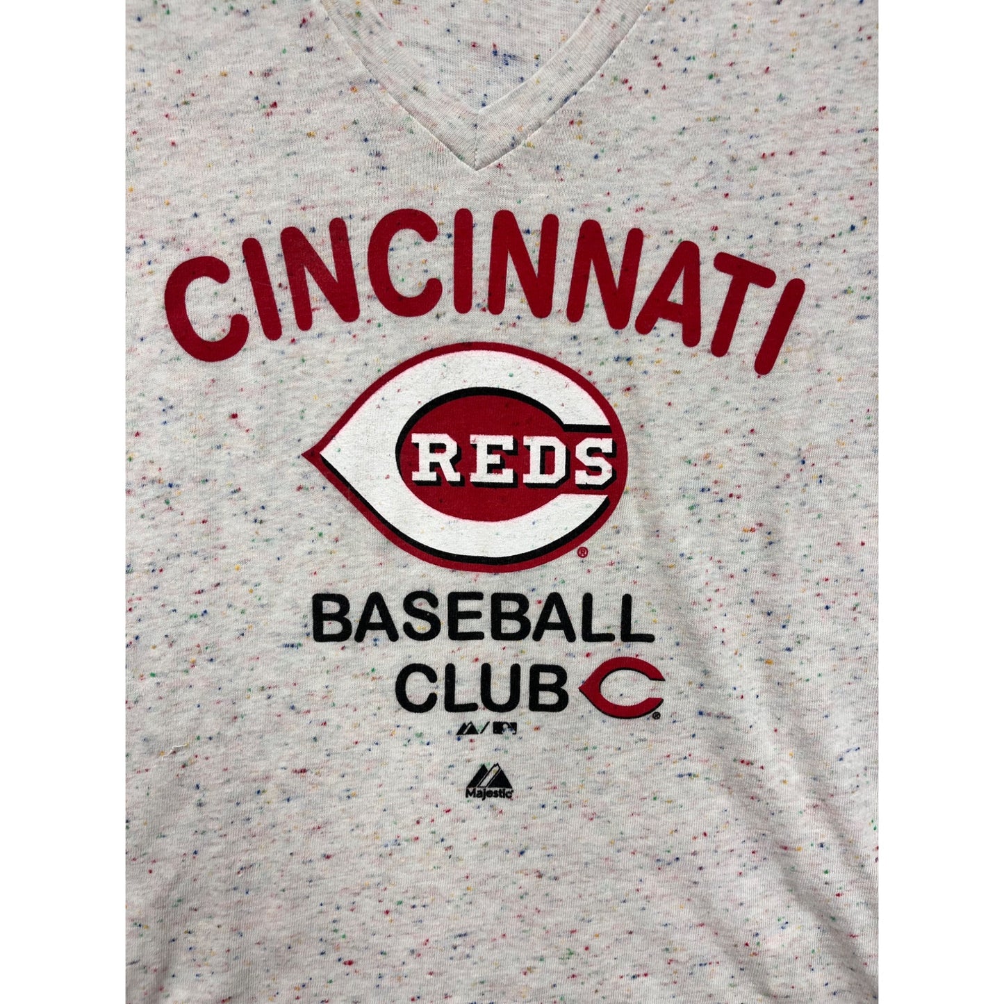 Cincinnati Reds Womens Medium V-Neck T-Shirt Speckled Design By Majestic #6716