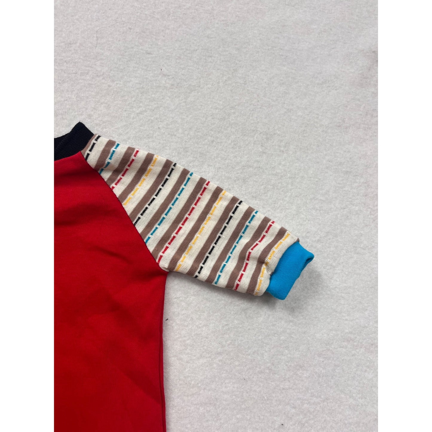 Baby Footed Bodysuit With Red Body & Striped Sleeves 3-6M #6565