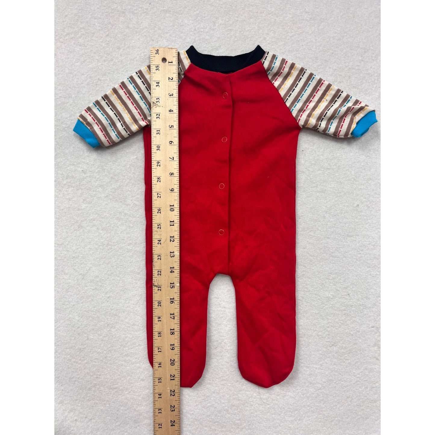 Baby Footed Bodysuit With Red Body & Striped Sleeves 3-6M #6565