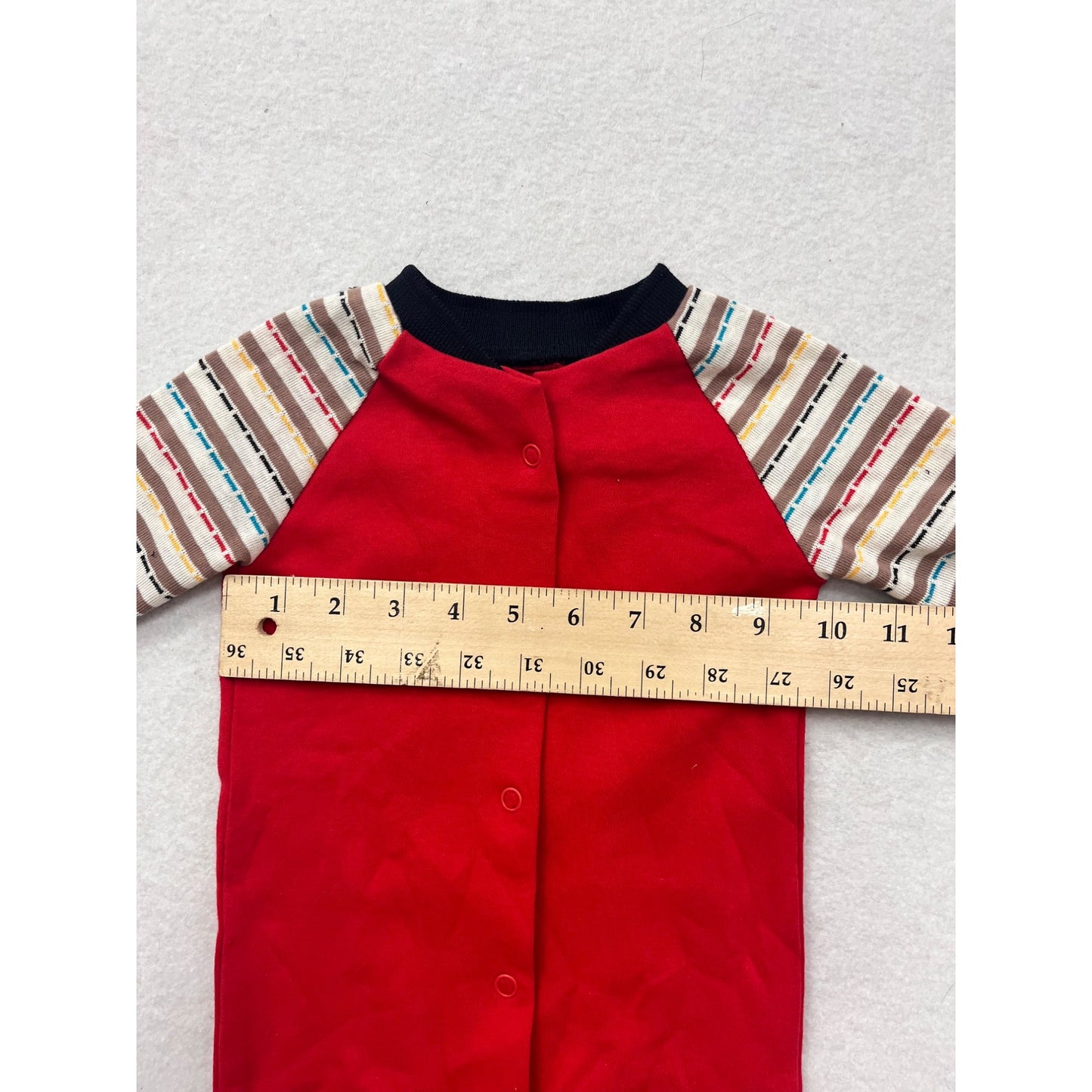 Baby Footed Bodysuit With Red Body & Striped Sleeves 3-6M #6565