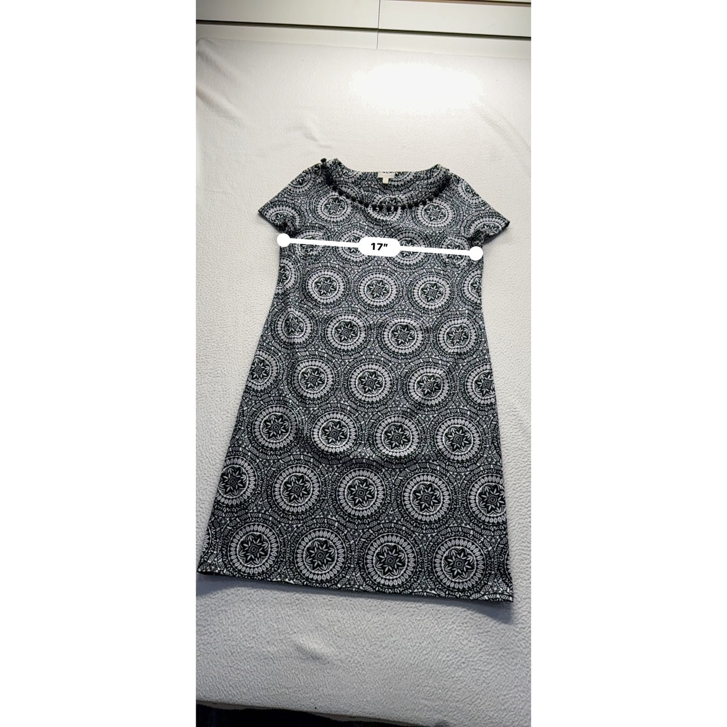 Talbots Petite Black & White Mandala Print Short Sleeve Dress SP #7799
