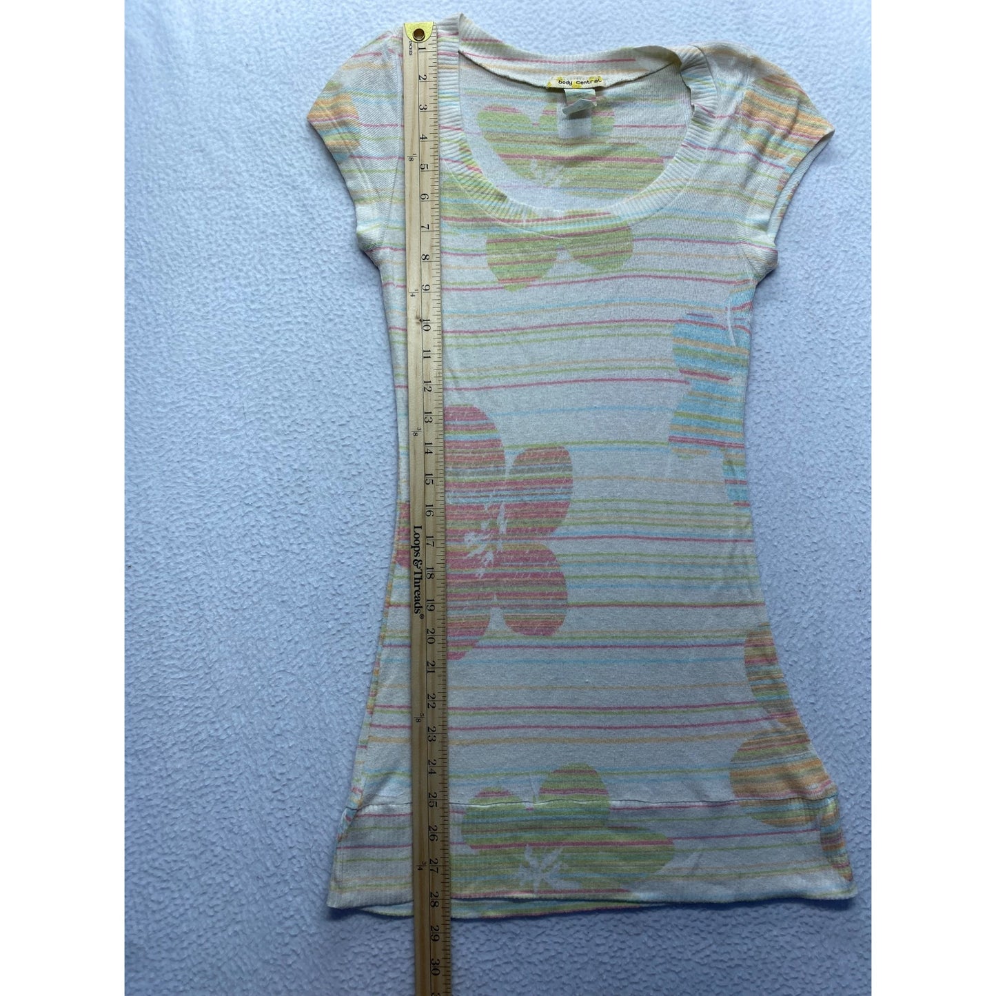 Body Central Y2K Floral Print Striped Cap Sleeve Tunic Top #7370