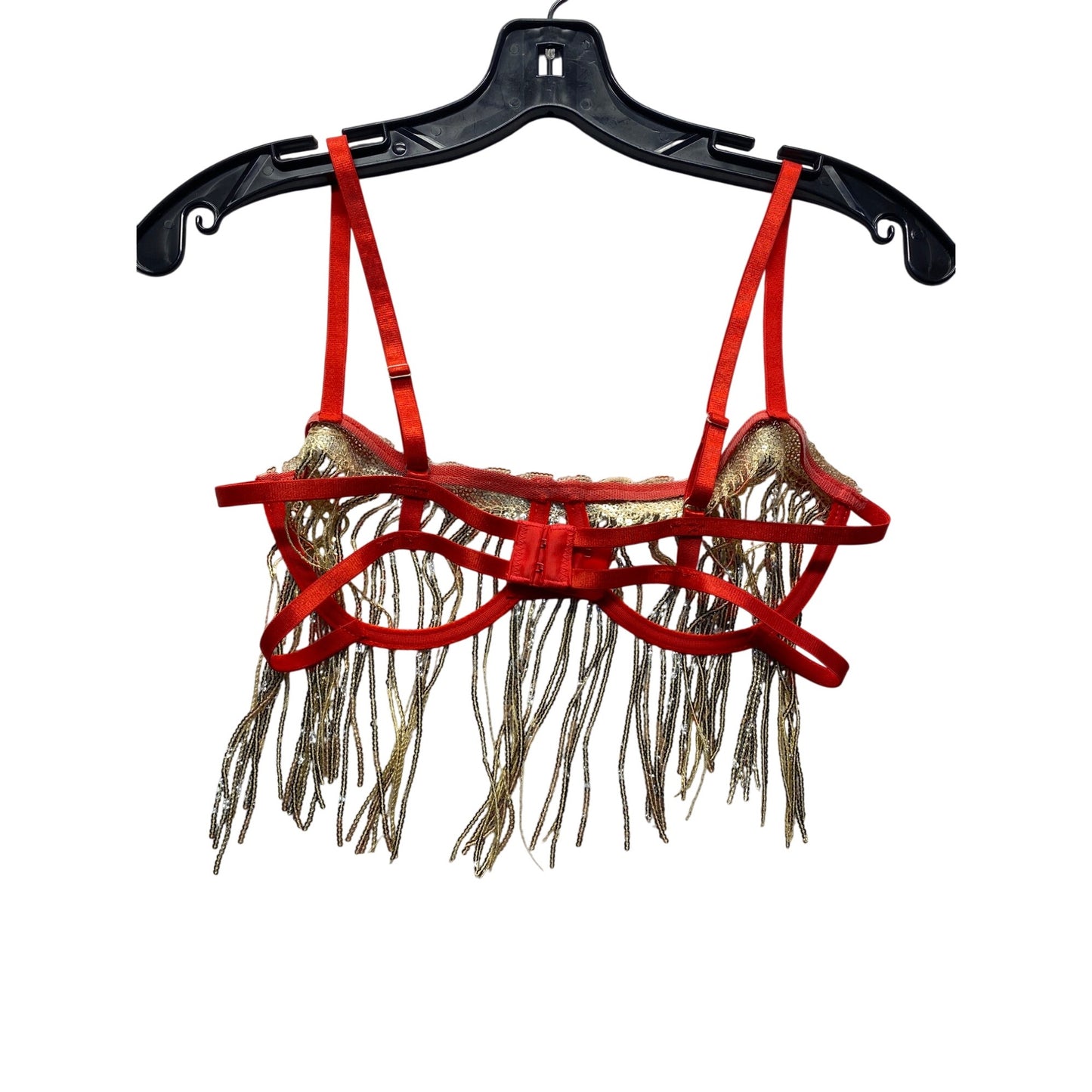 Red Strappy Fringe Bra With Gold Sequin Detailing & Adjustable Straps #7175
