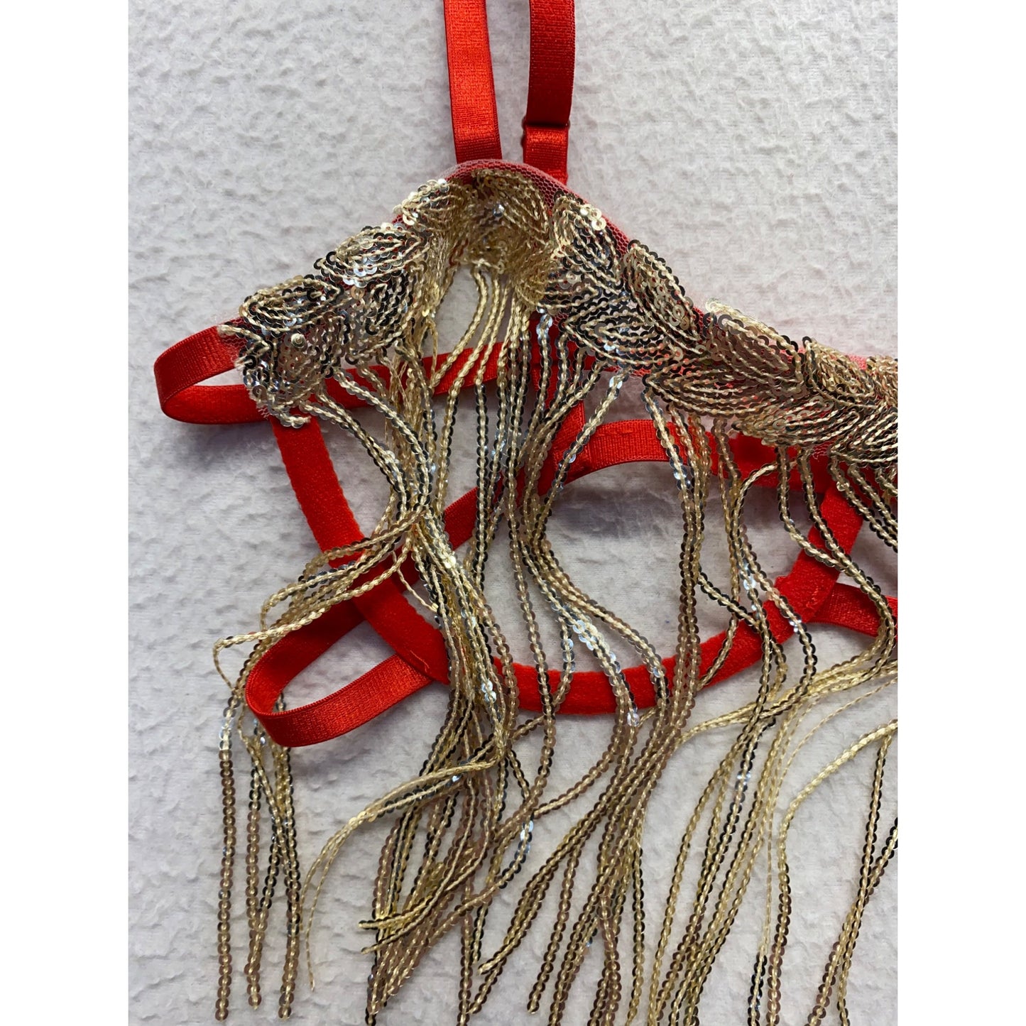 Red Strappy Fringe Bra With Gold Sequin Detailing & Adjustable Straps #7175