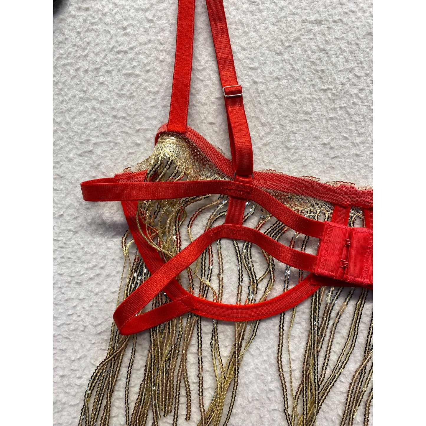 Red Strappy Fringe Bra With Gold Sequin Detailing & Adjustable Straps #7175