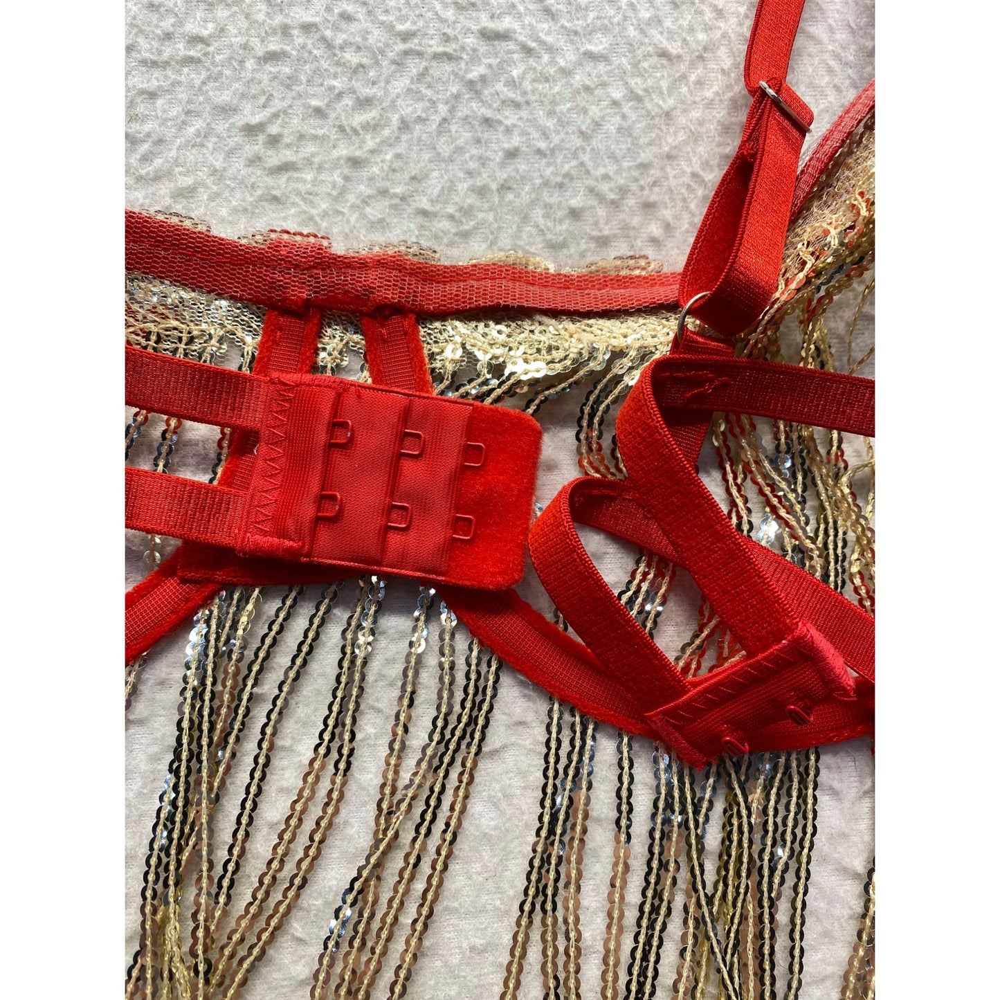 Red Strappy Fringe Bra With Gold Sequin Detailing & Adjustable Straps #7175