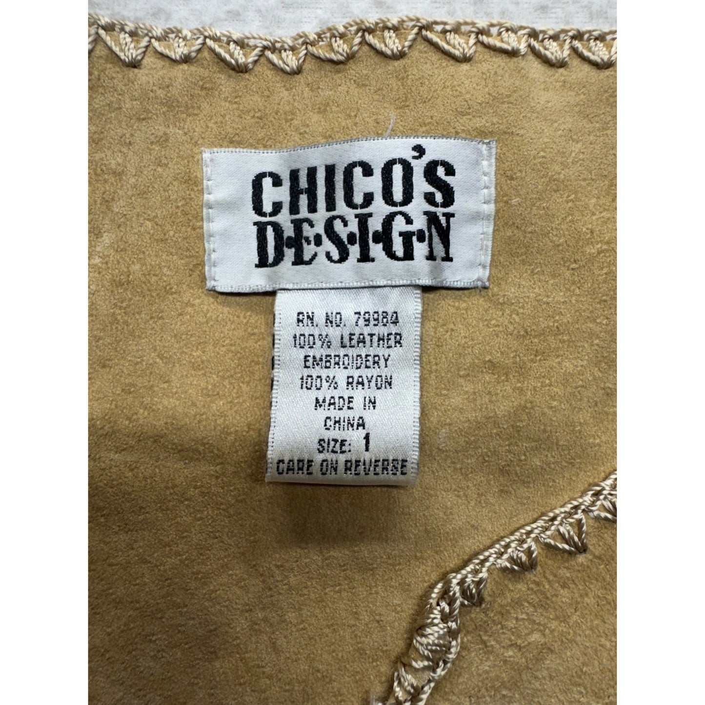 Vintage Chicos Design Womens Size 1 Tan Leather Embroidered Jacket #7962