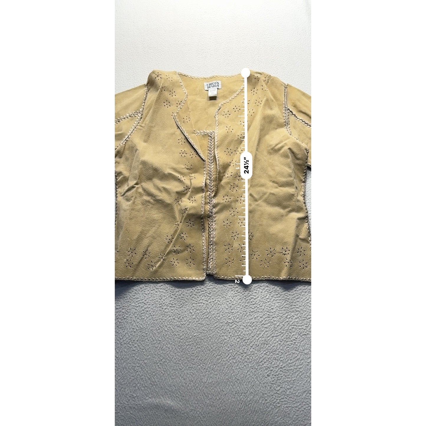 Vintage Chicos Design Womens Size 1 Tan Leather Embroidered Jacket #7962