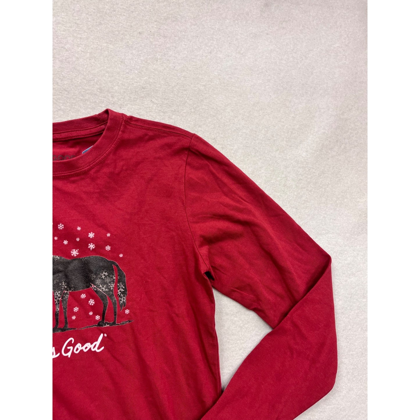 Life Is Good Long Sleeve Red T-Shirt With Horse & Snowflake Design #786A