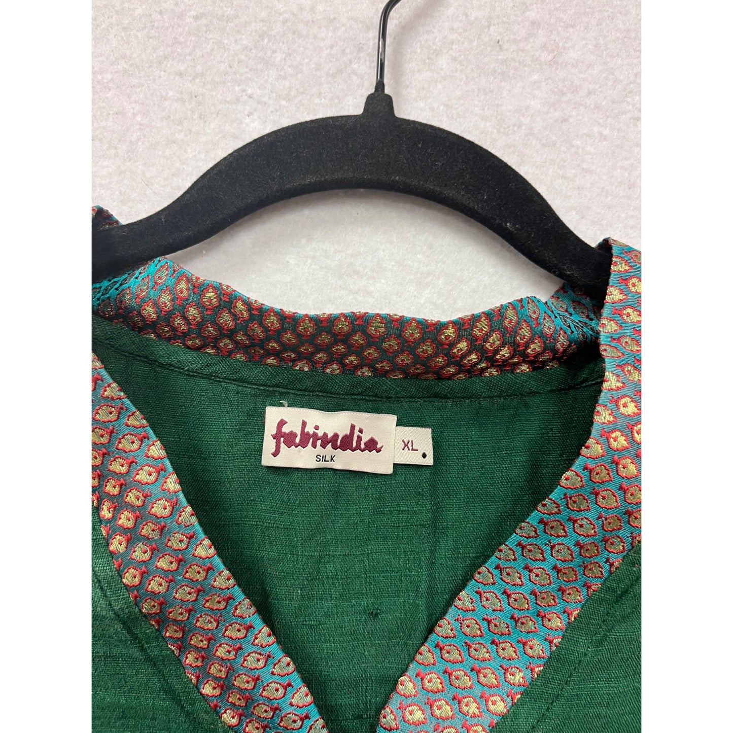 Fabindia Womens Green Silk Kurta With Printed Collar & Button Detail XL #408A