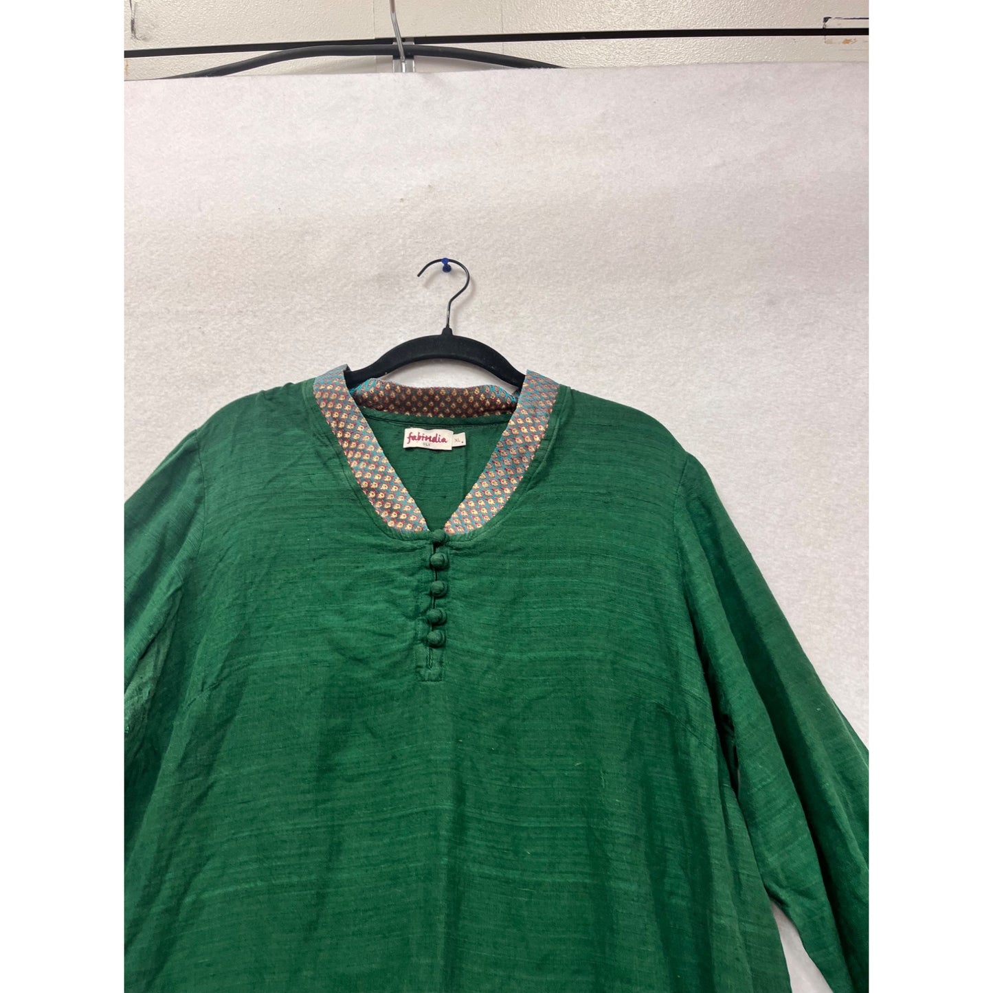 Fabindia Womens Green Silk Kurta With Printed Collar & Button Detail XL #408A