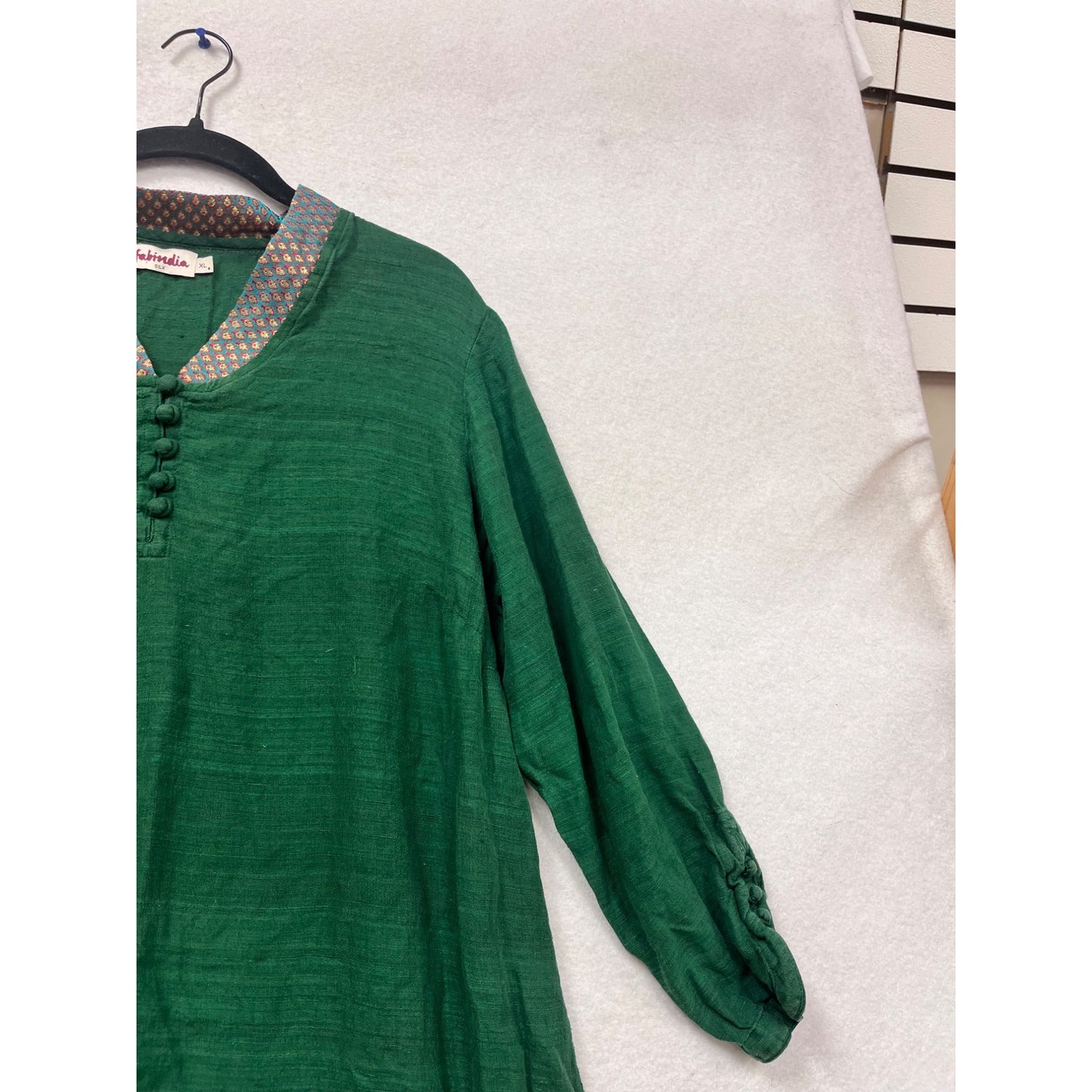 Fabindia Womens Green Silk Kurta With Printed Collar & Button Detail XL #408A