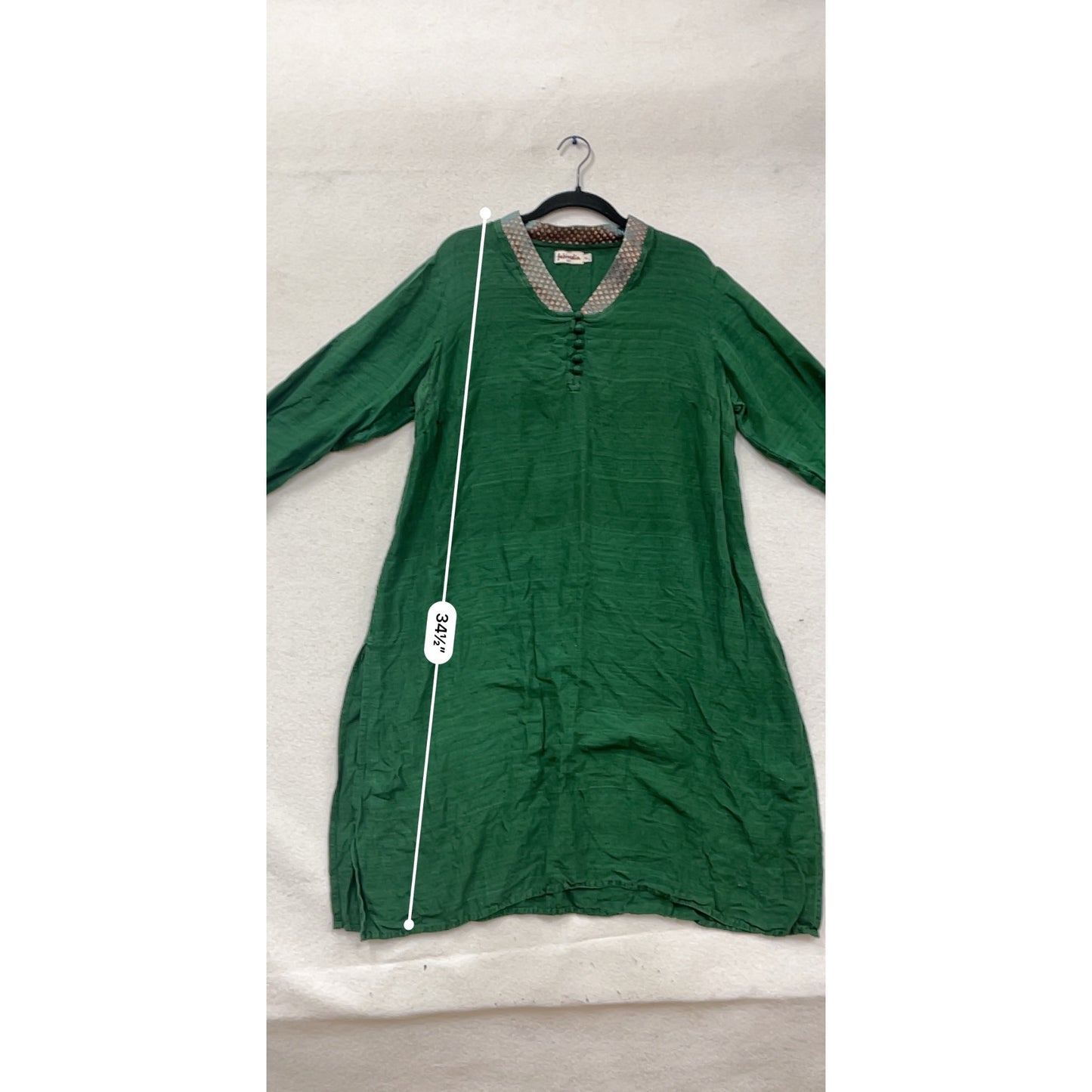 Fabindia Womens Green Silk Kurta With Printed Collar & Button Detail XL #408A