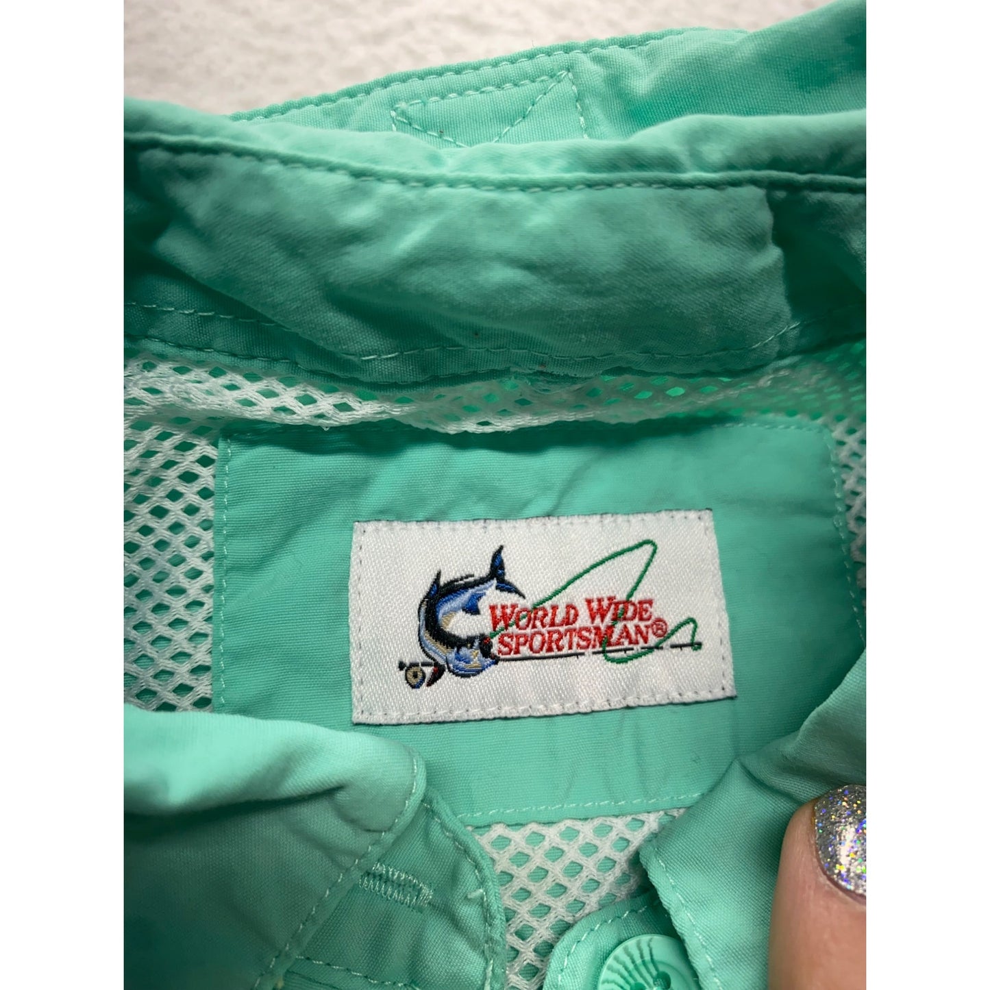Women’s World Wide Sportsman Mint Green Button-Up Short Sleeve Shirt #7158