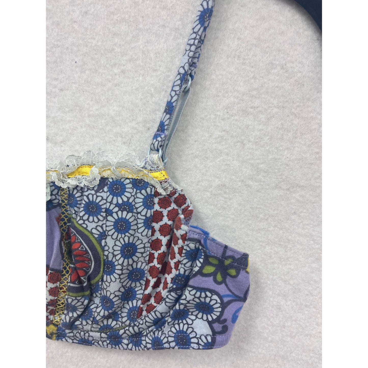 Womens Medium Pinkerton Floral Patchwork Bra With Lace Trim & Yellow Bow #6832