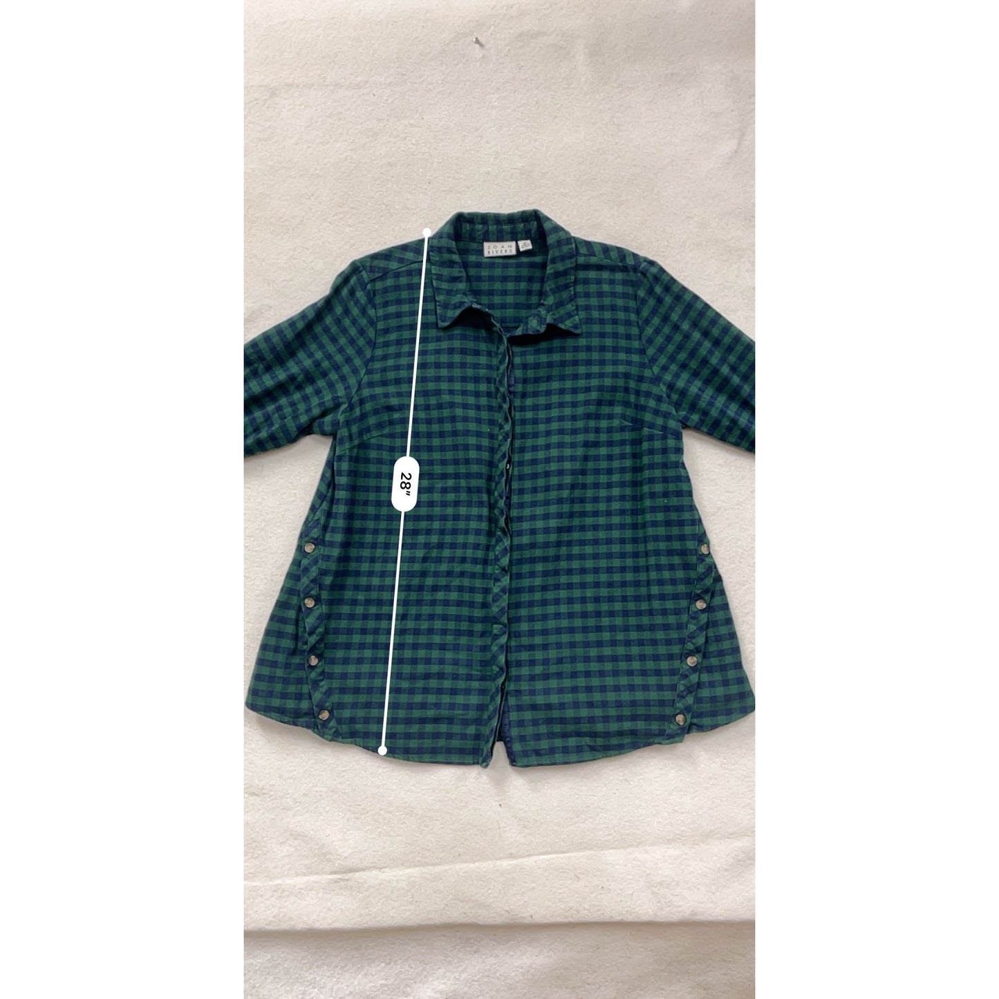 Joan Rivers Womens Green & Navy Plaid Button-Side Long-Sleeve Cotton Shirt L #6908